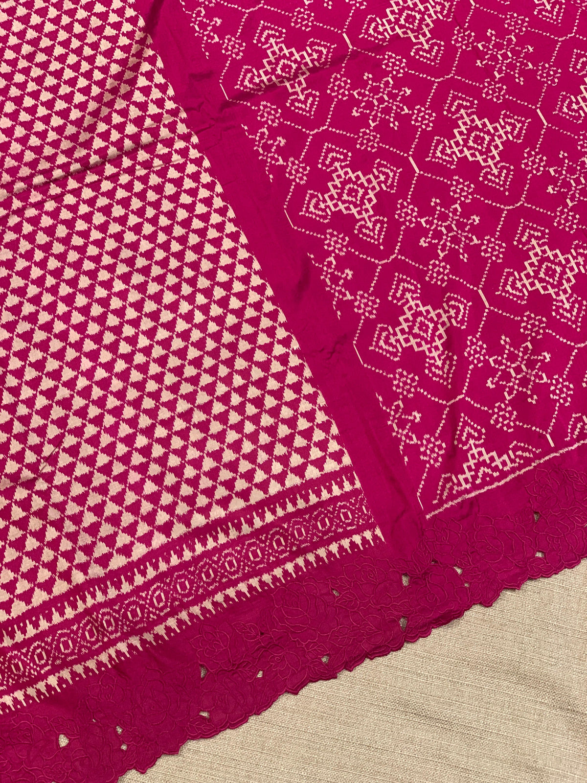 Ruby pink Cambodian–inspired Ikkat Silk Saree with cutwork Rose Border