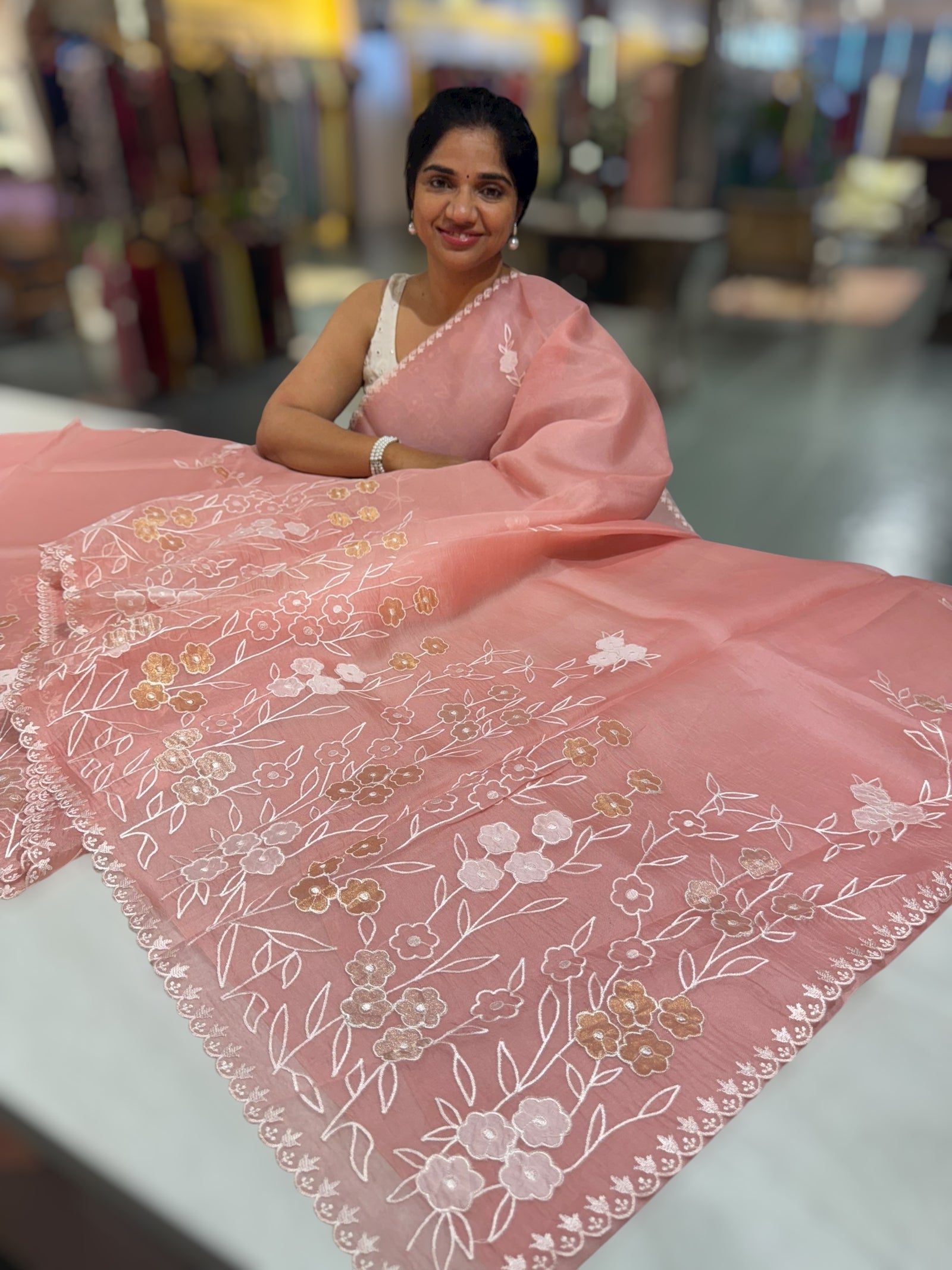 Peach Pink Organza Saree With Tissue Applique Work