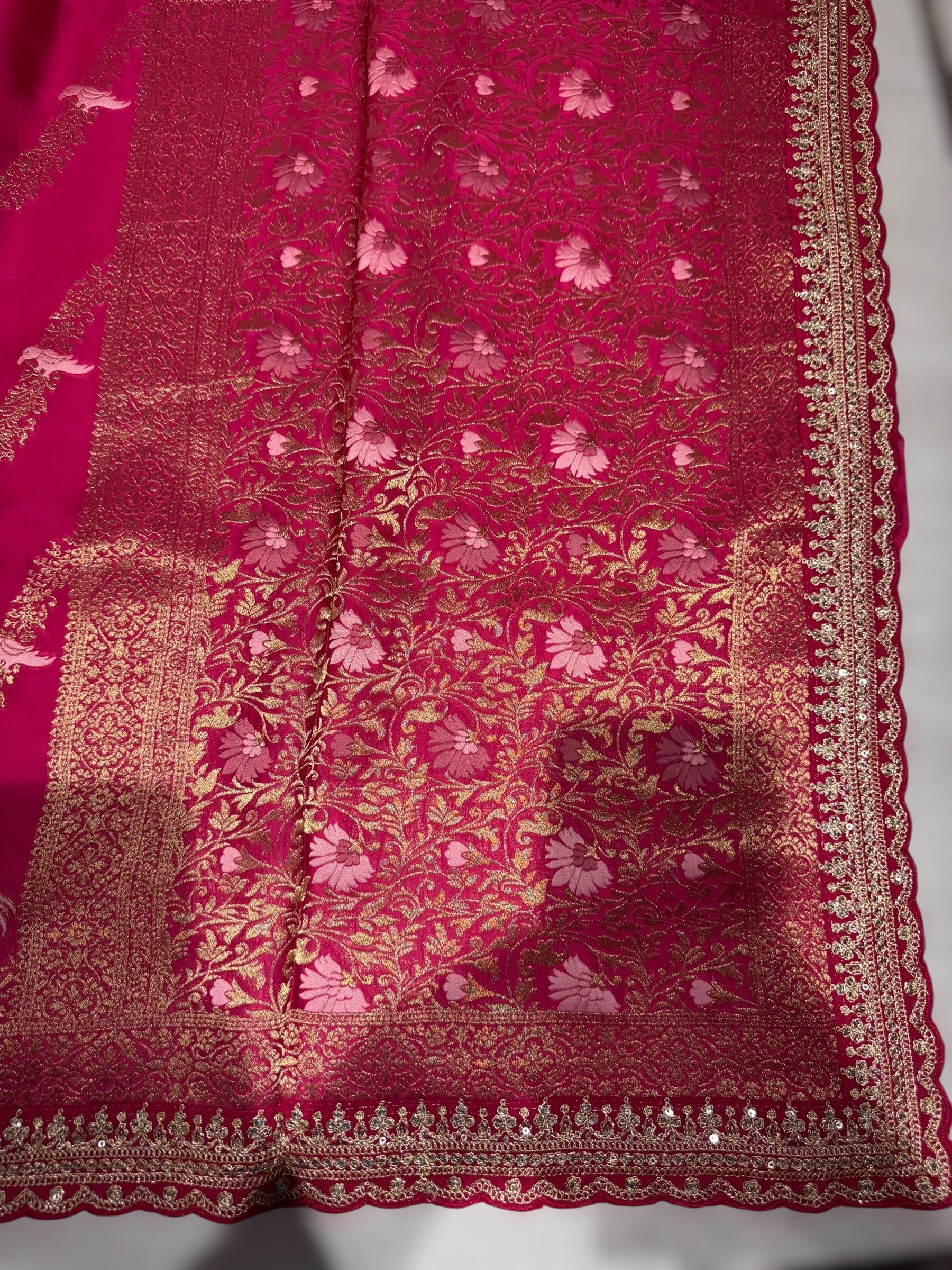 Dark Pink Mashru Silk Saree with allover weaving and Sahbysachi borders and Blouse