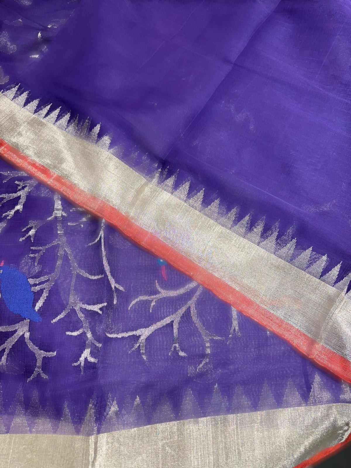 Violet Pure  handloom Ponduru Khadi jamdani Saree with heavy pallu