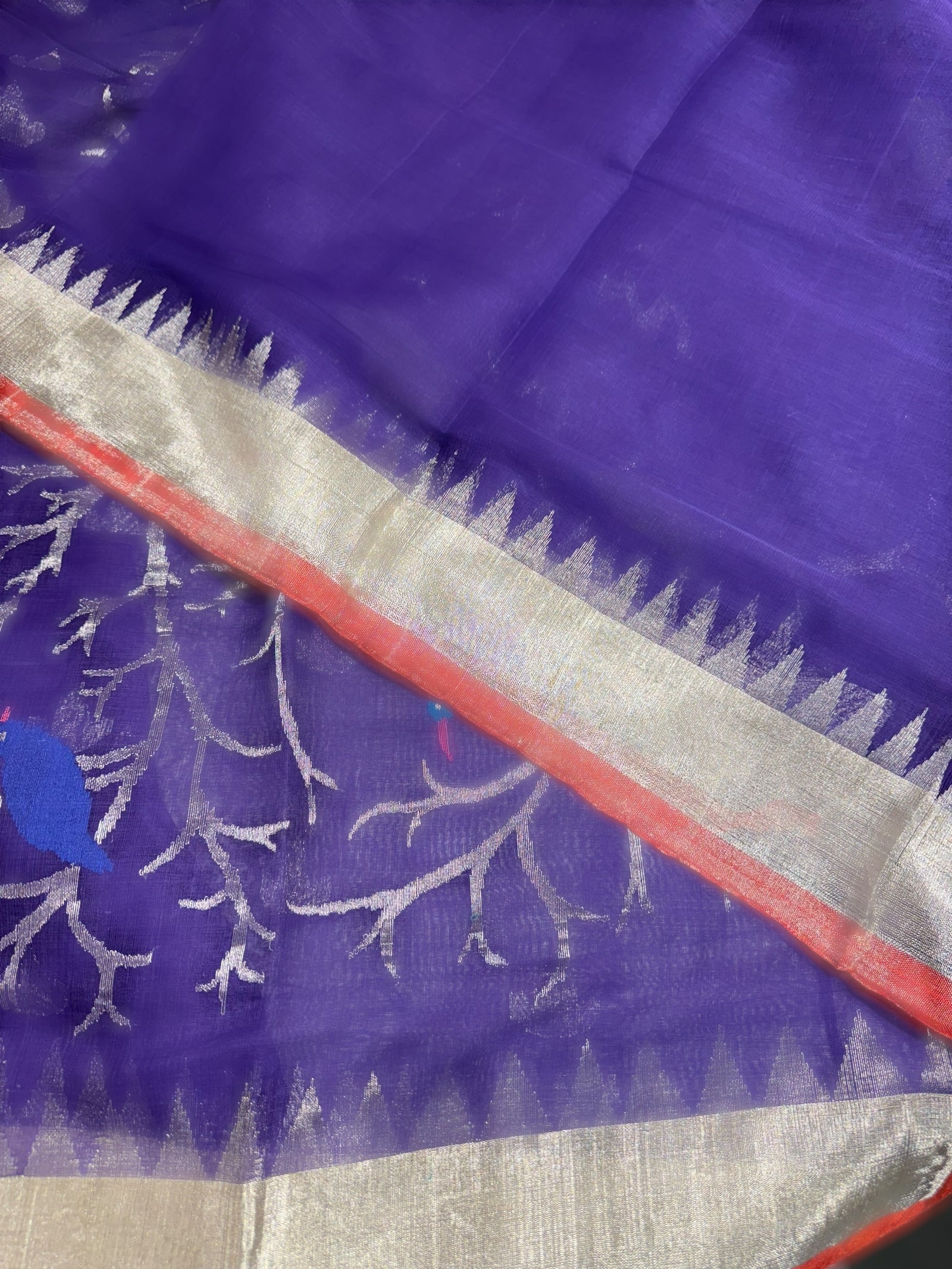 Violet Pure  handloom Ponduru Khadi jamdani Saree with heavy pallu