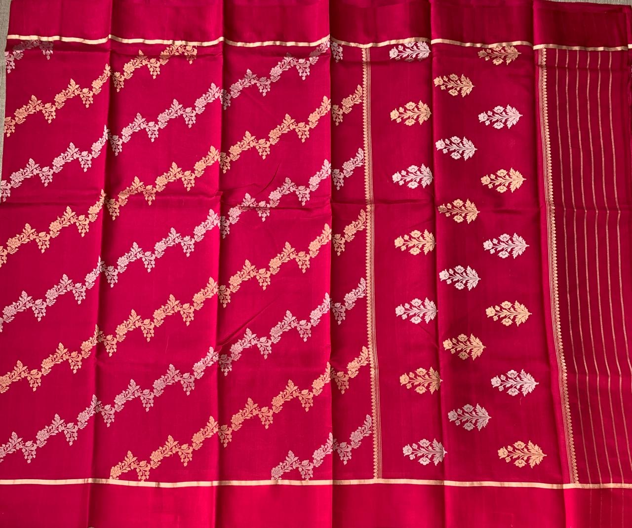 Ruby Pink Raw Mangoe Silk Saree in half and half style