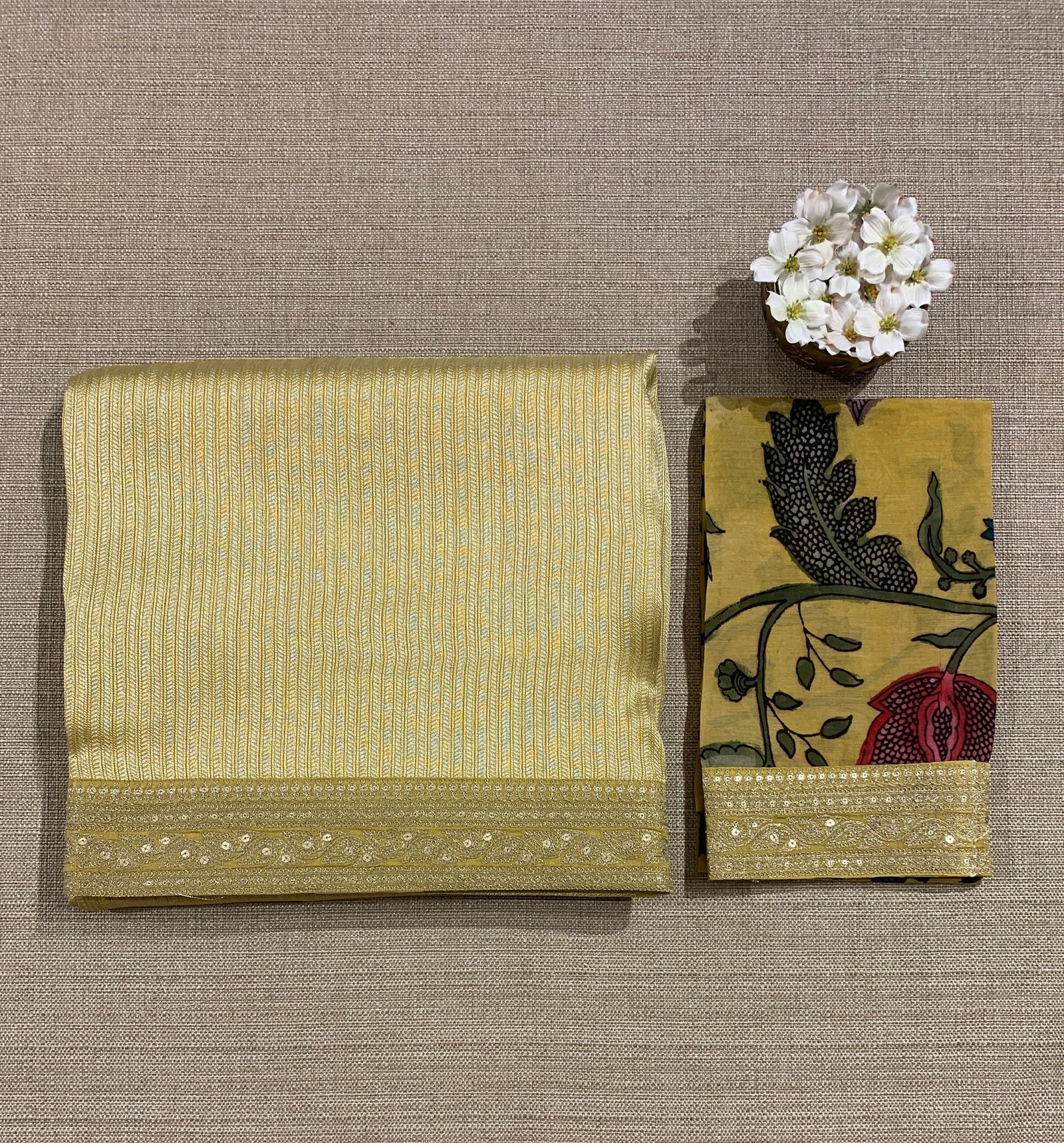 Lime yellow Banarasi brocade with sabyasachi borders and pen kalamkari Blouses