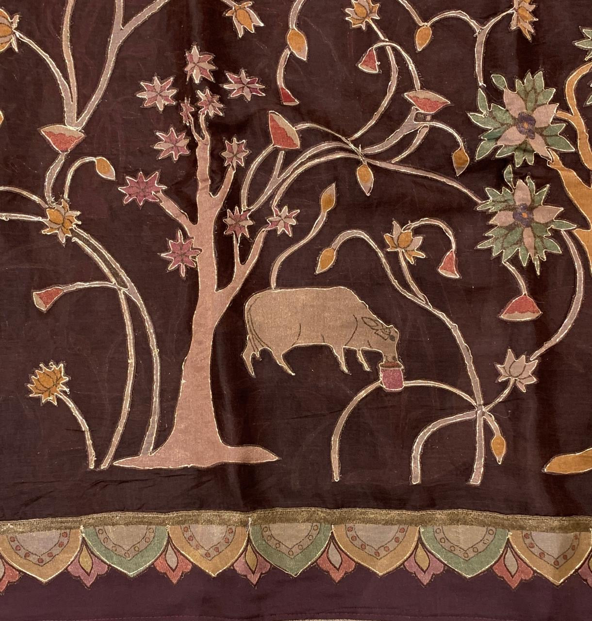 Brown Designer Organza Saree with Stunning Tissue Applique work Saree with Village theme