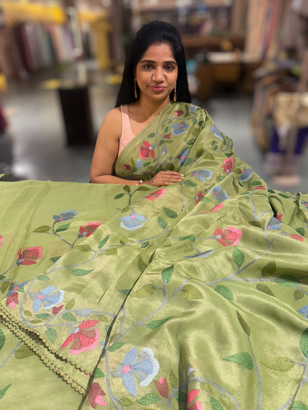 Sage Green Tissue georgette saree with embroidery