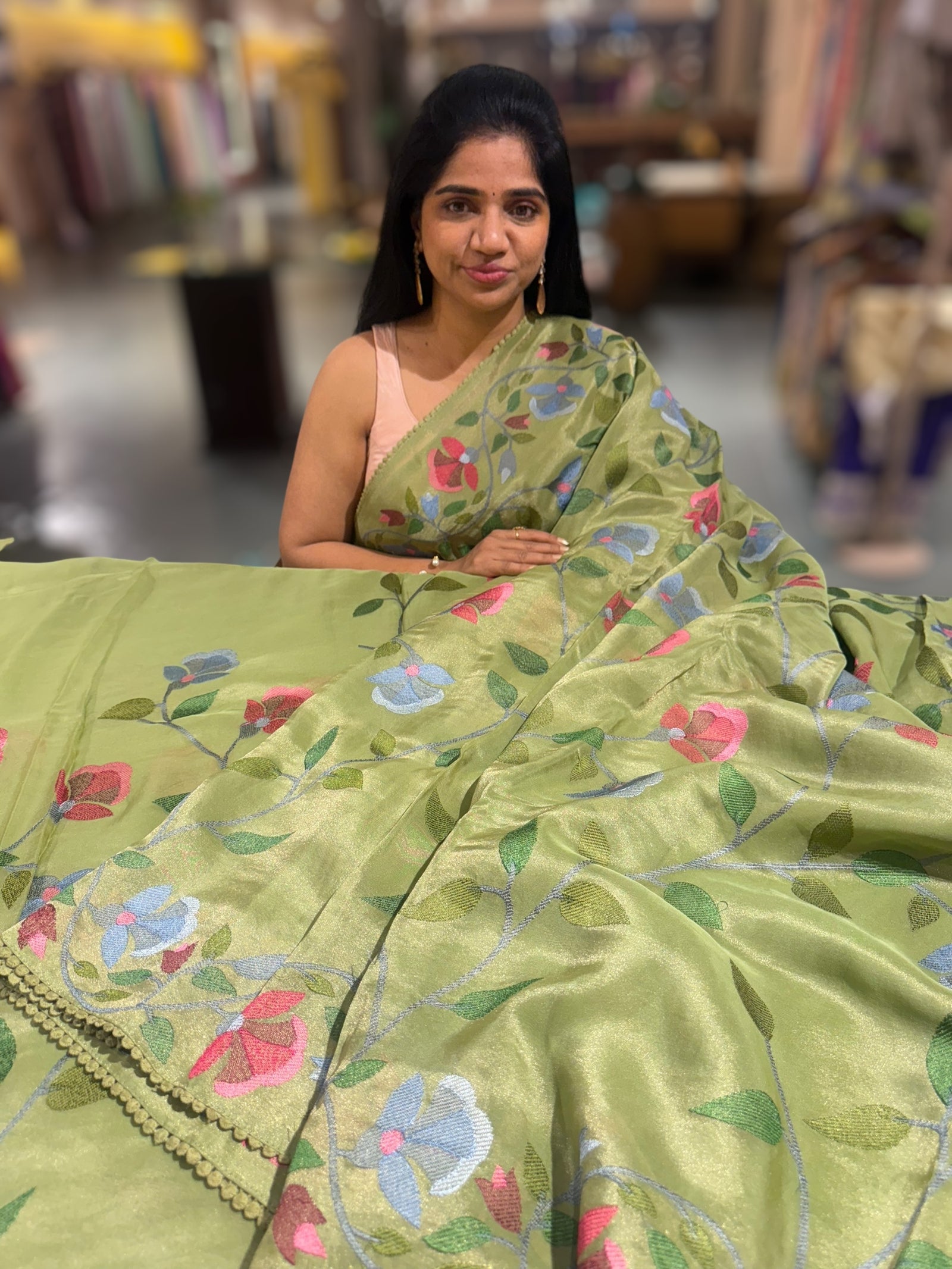 Sage Green Tissue georgette saree with embroidery