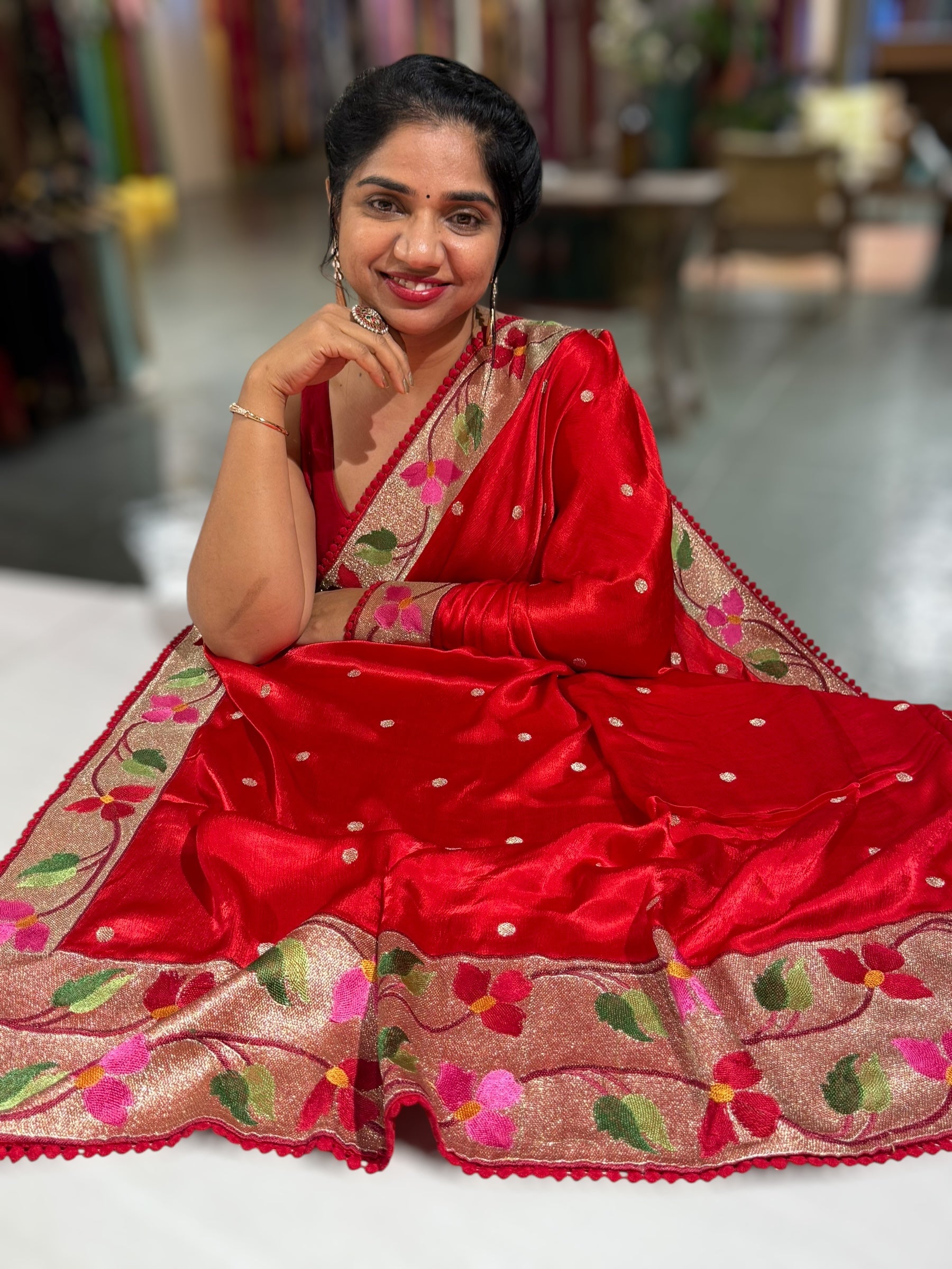 Red Satin Saree with Paithani Embroidered Border