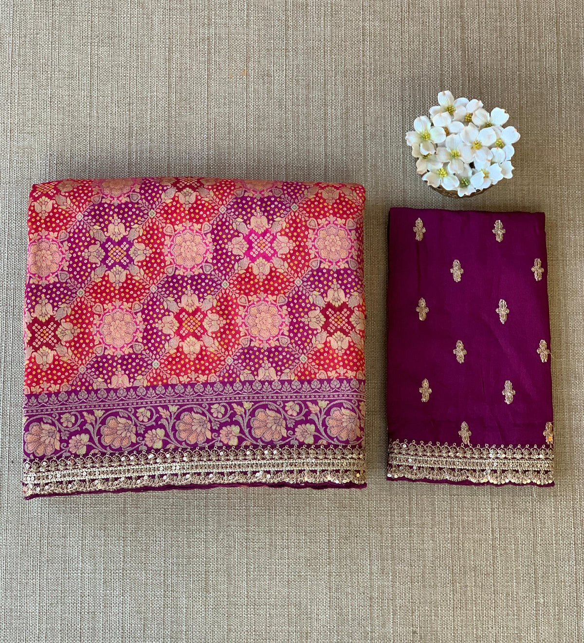 orangish Red & Wine Banarasi bandhini georgette