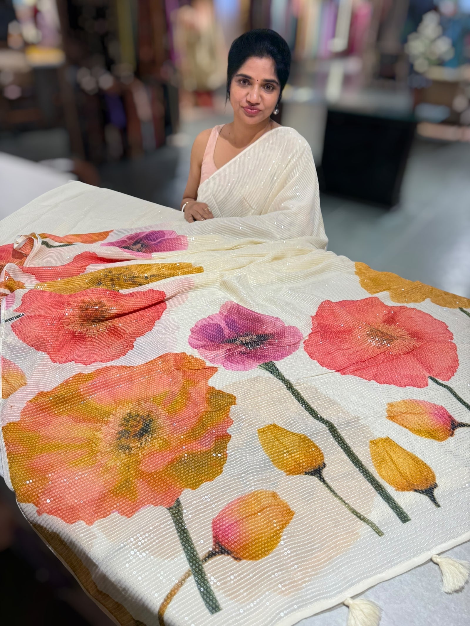 Ivory Georgette sequence Sarees with statement Floral print