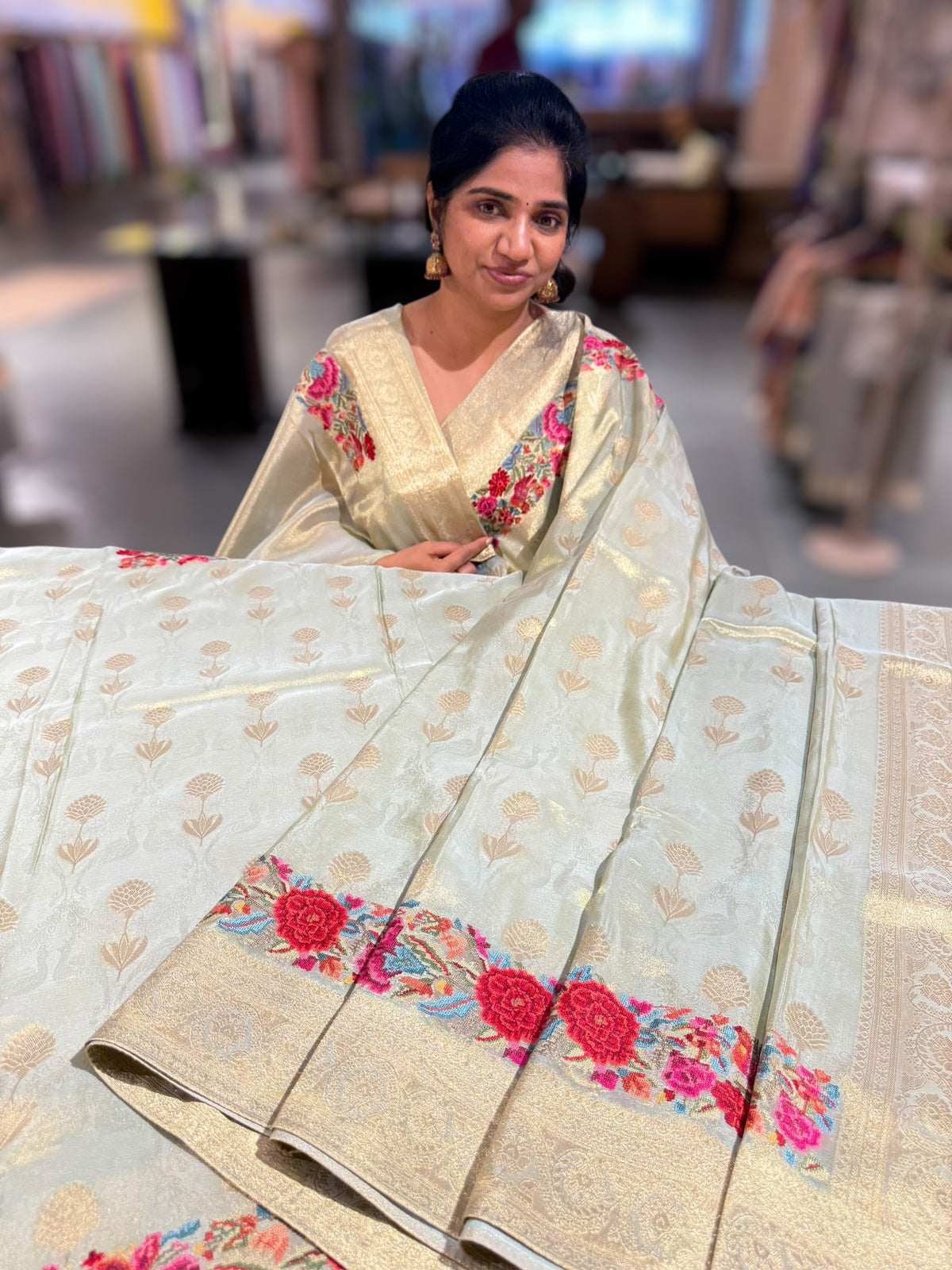 Mint Blue Banarasi Tissue with embroidered border