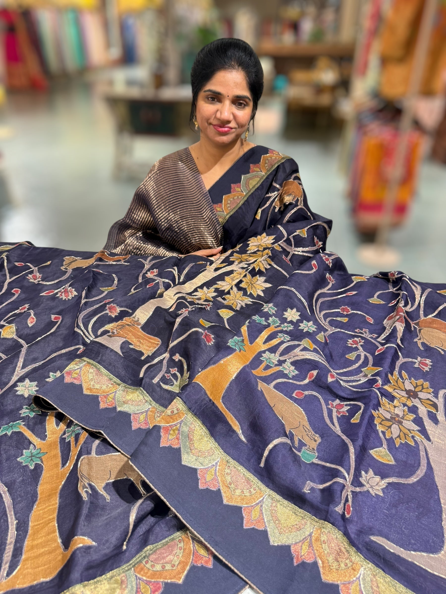Violet Designer Organza Saree with Stunning Tissue Applique work Saree with Village theme