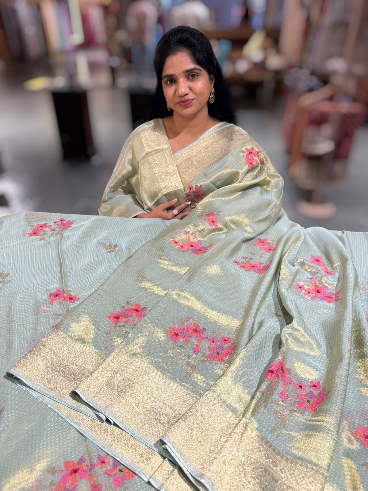 Mint Blue Fancy Banarasi tissue tonchoi weaving saree with embroidery