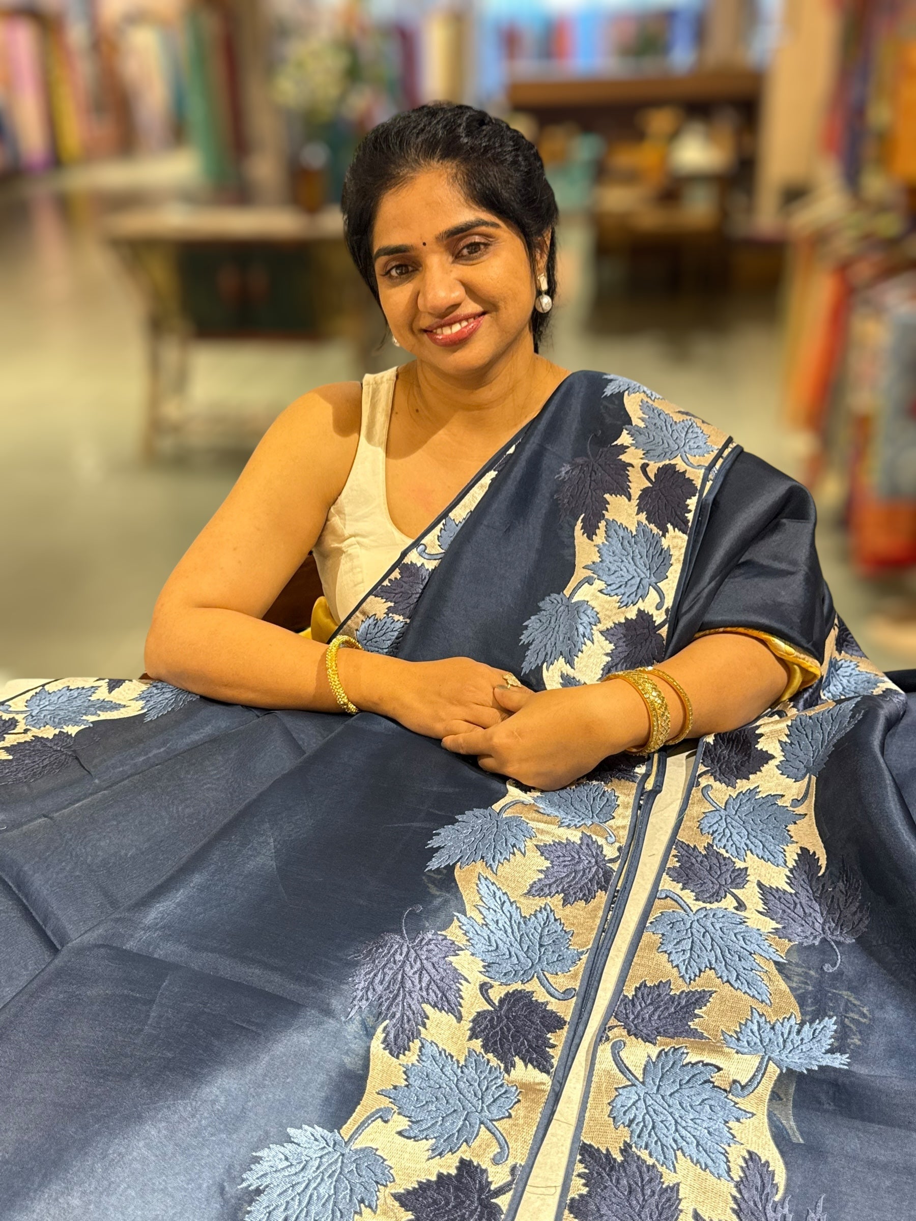 Midnight Blue Organza Saree with Stunning Leaf Embroidered Border