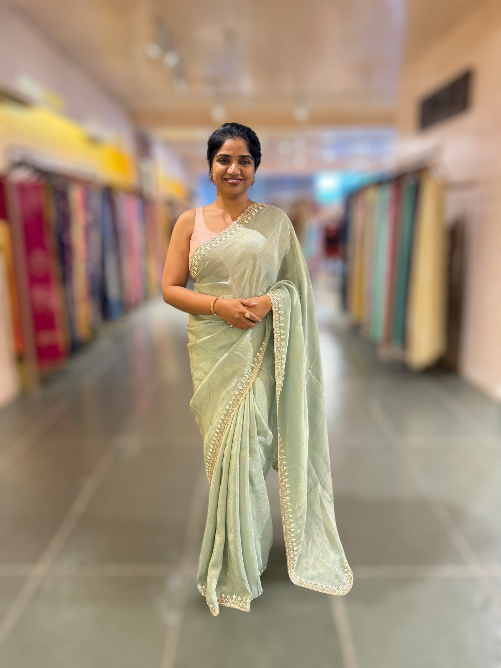 Pastel Blue Tissue Gorgette Saree With Hanwork Border and Blouse.