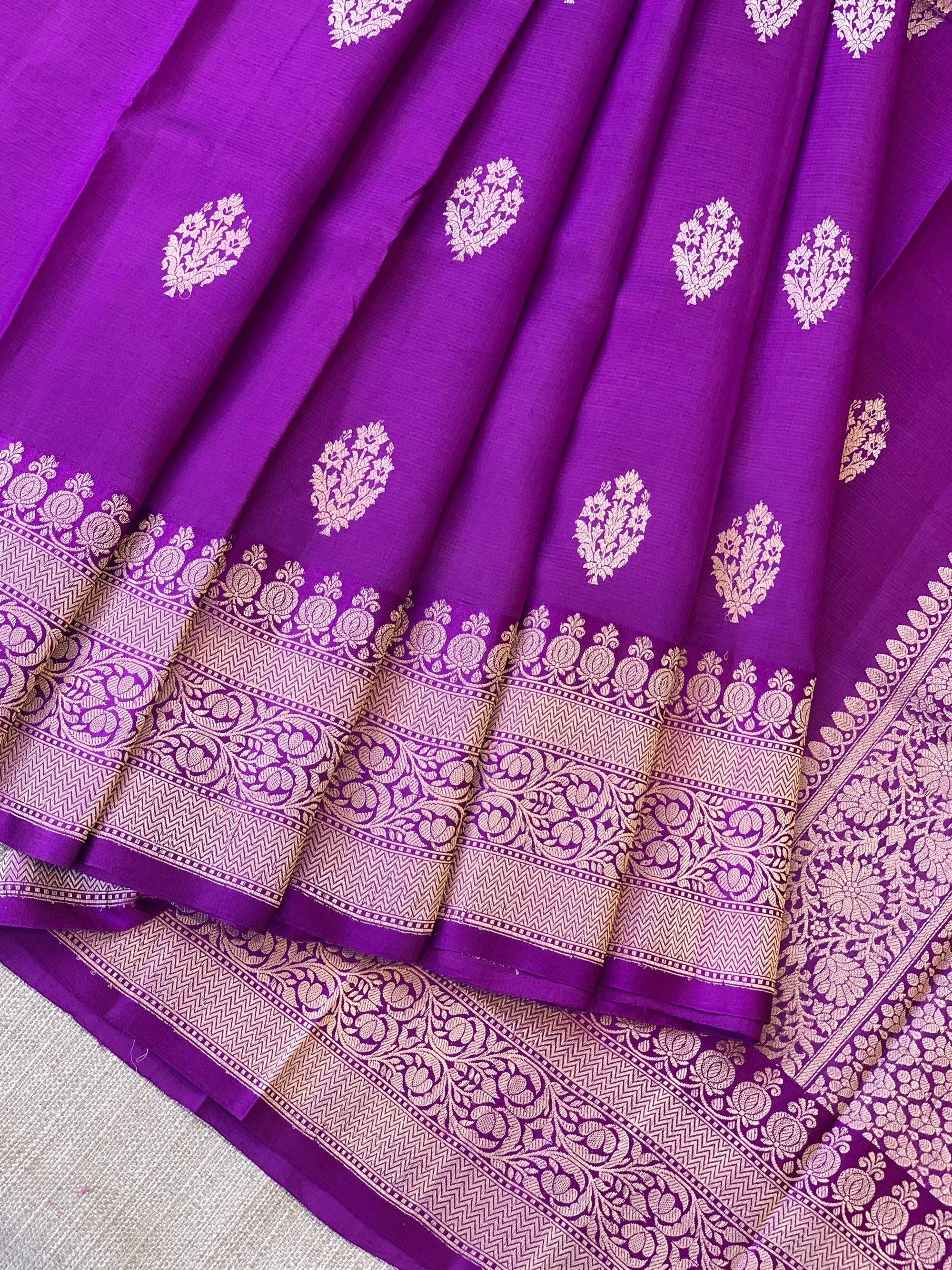 Brinjal Raw Mangoe Silk Saree in Monotone Look with heavy weaving Mashru borders & kaduwa woven motifs.