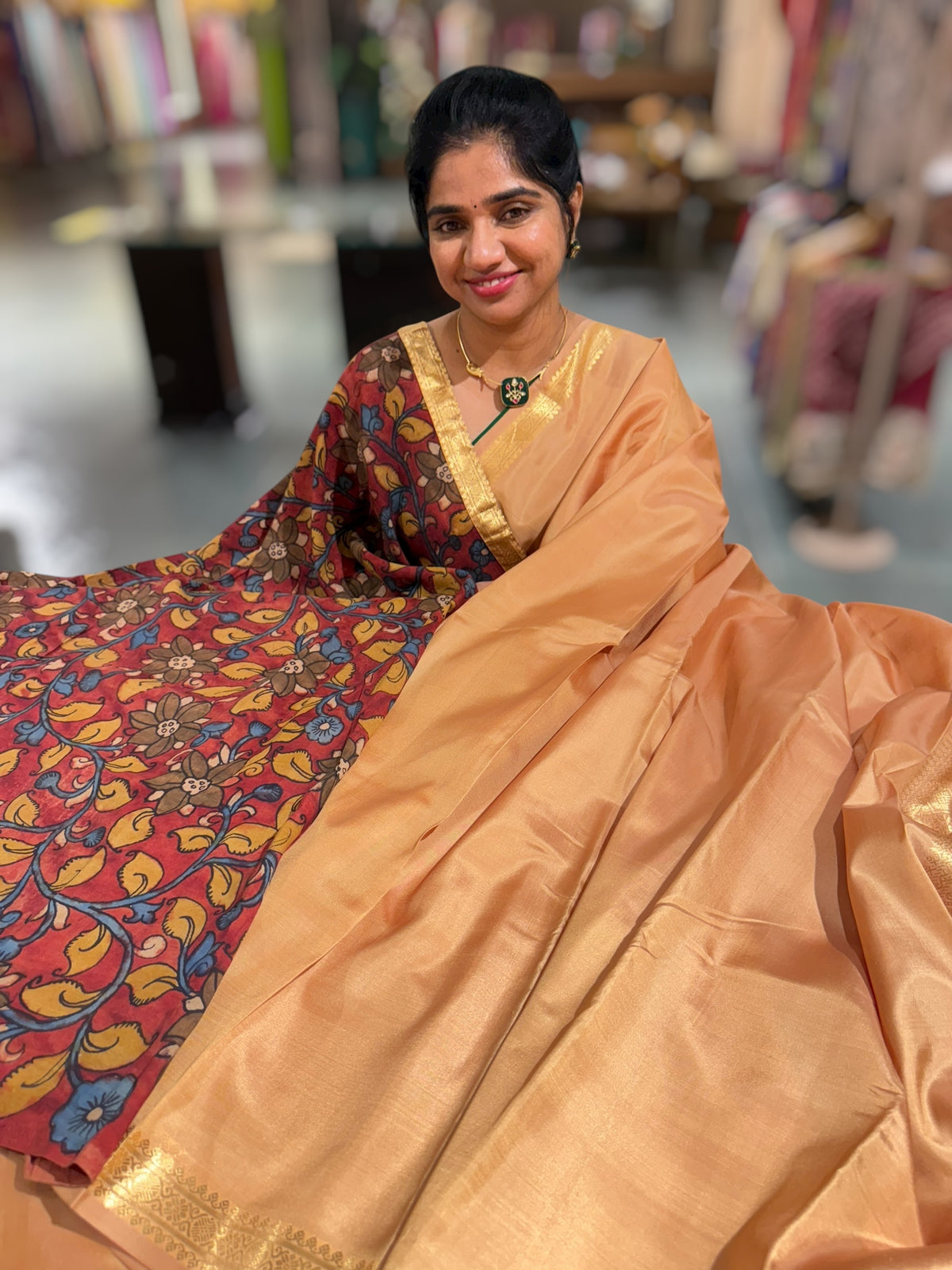 Sandalwood vintage Kanchipuram silk saree with pen kalamkari blouse