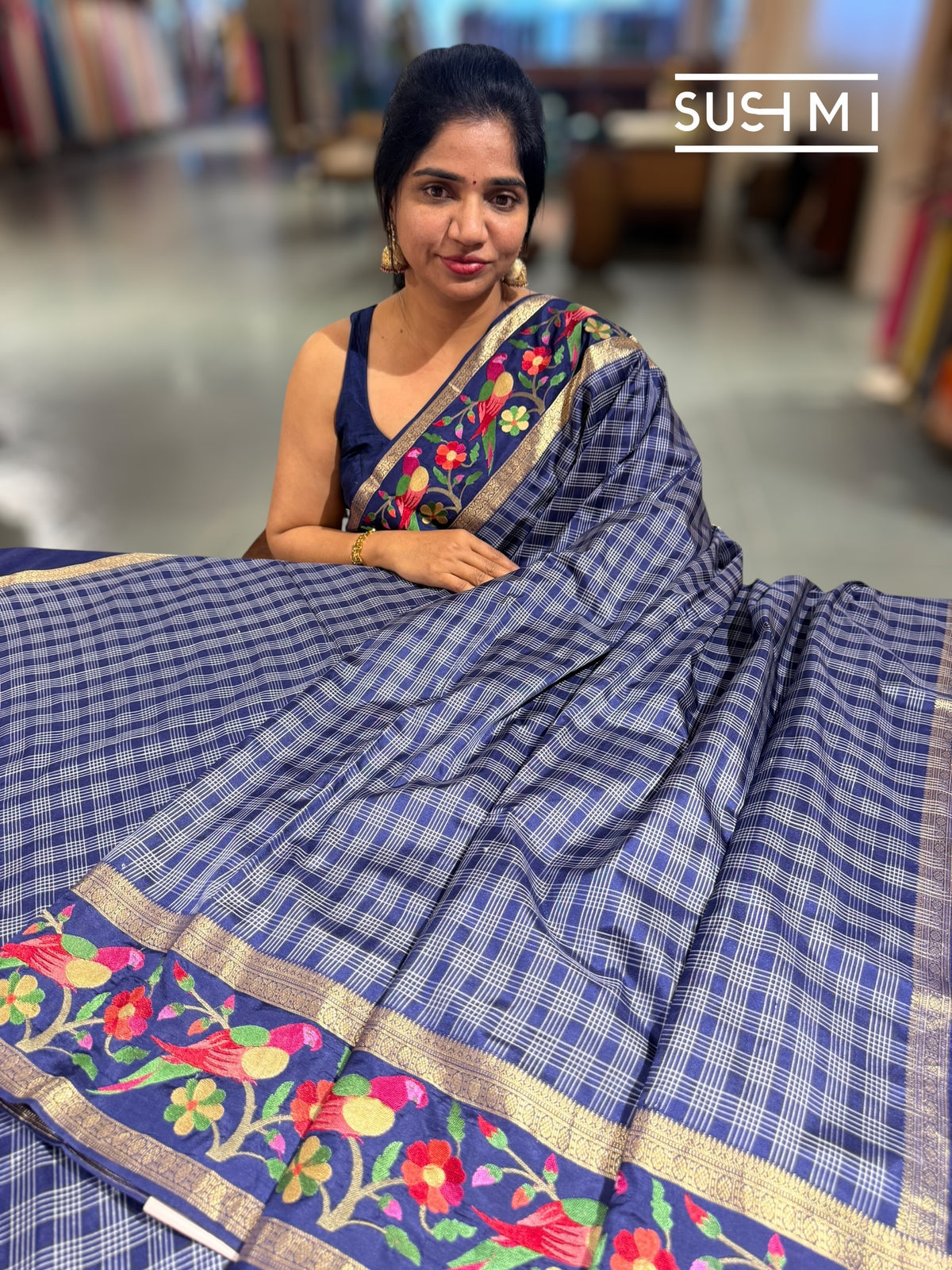 Midnight Blue Vintage checks Kanjeevaram soft silk saree with embroidery D62F040