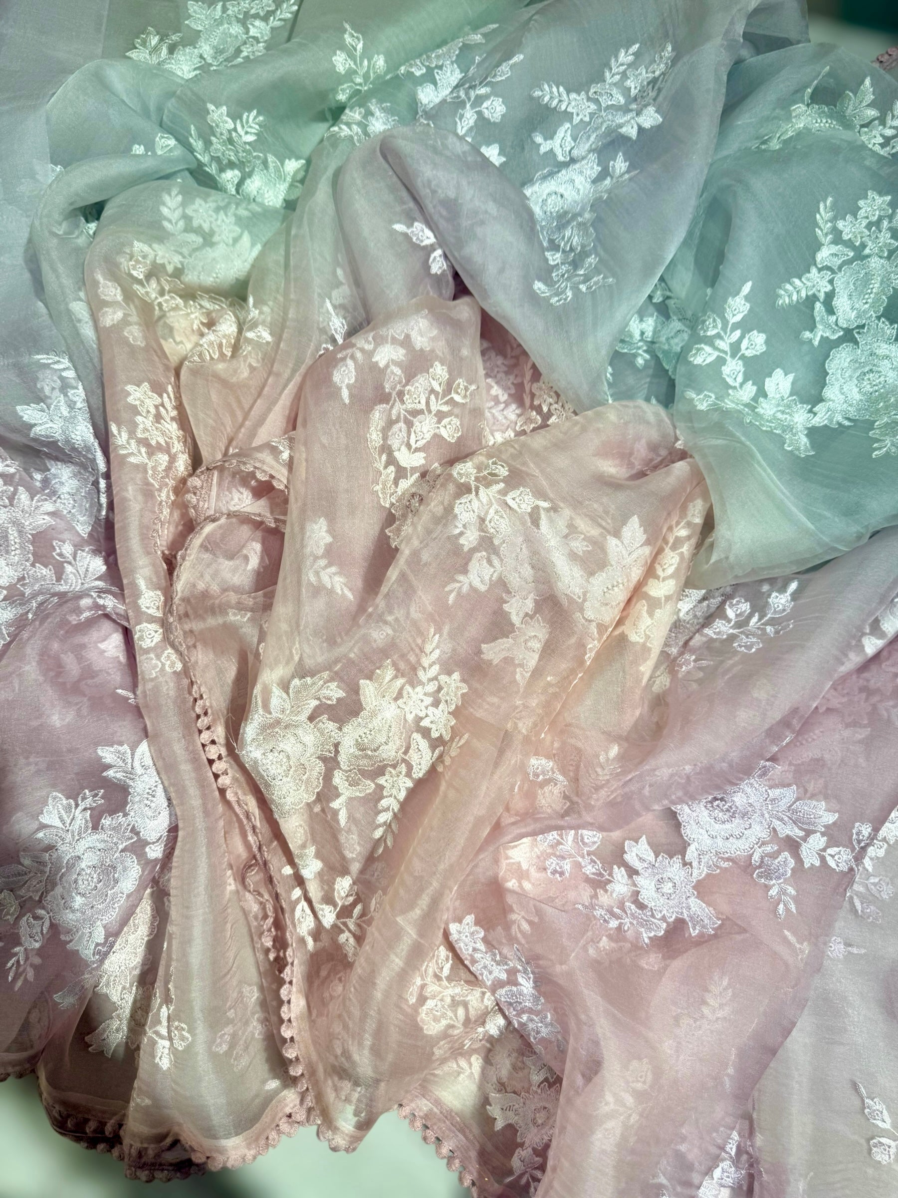Pure Muslin Ombre Dyed Saree With allover Embroidery