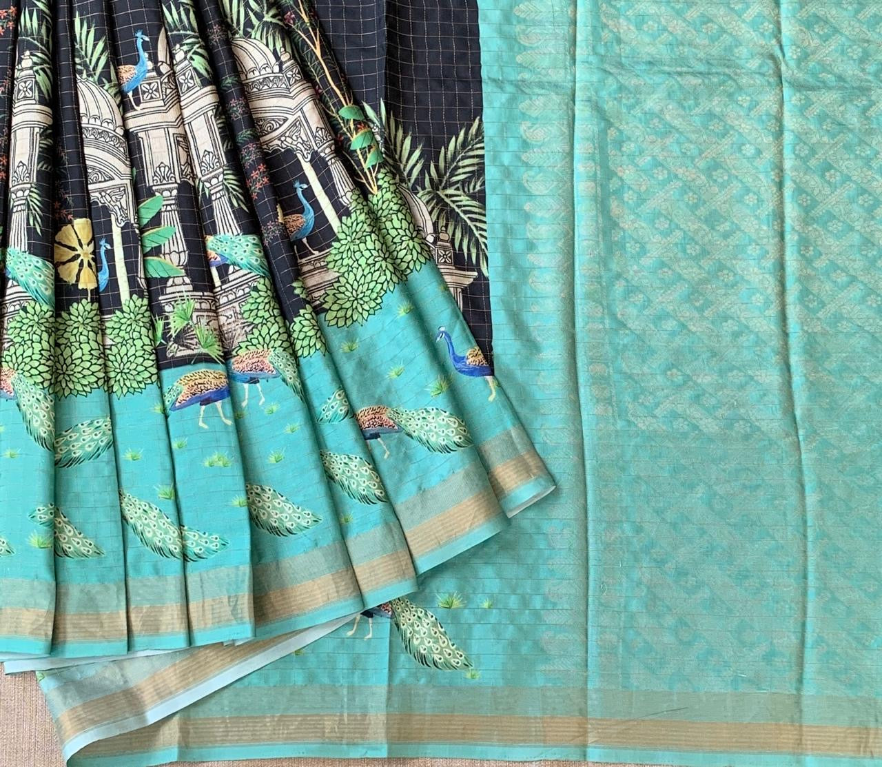 Black Checks Soft Silk with beautiful Skirt Border Peacock Print