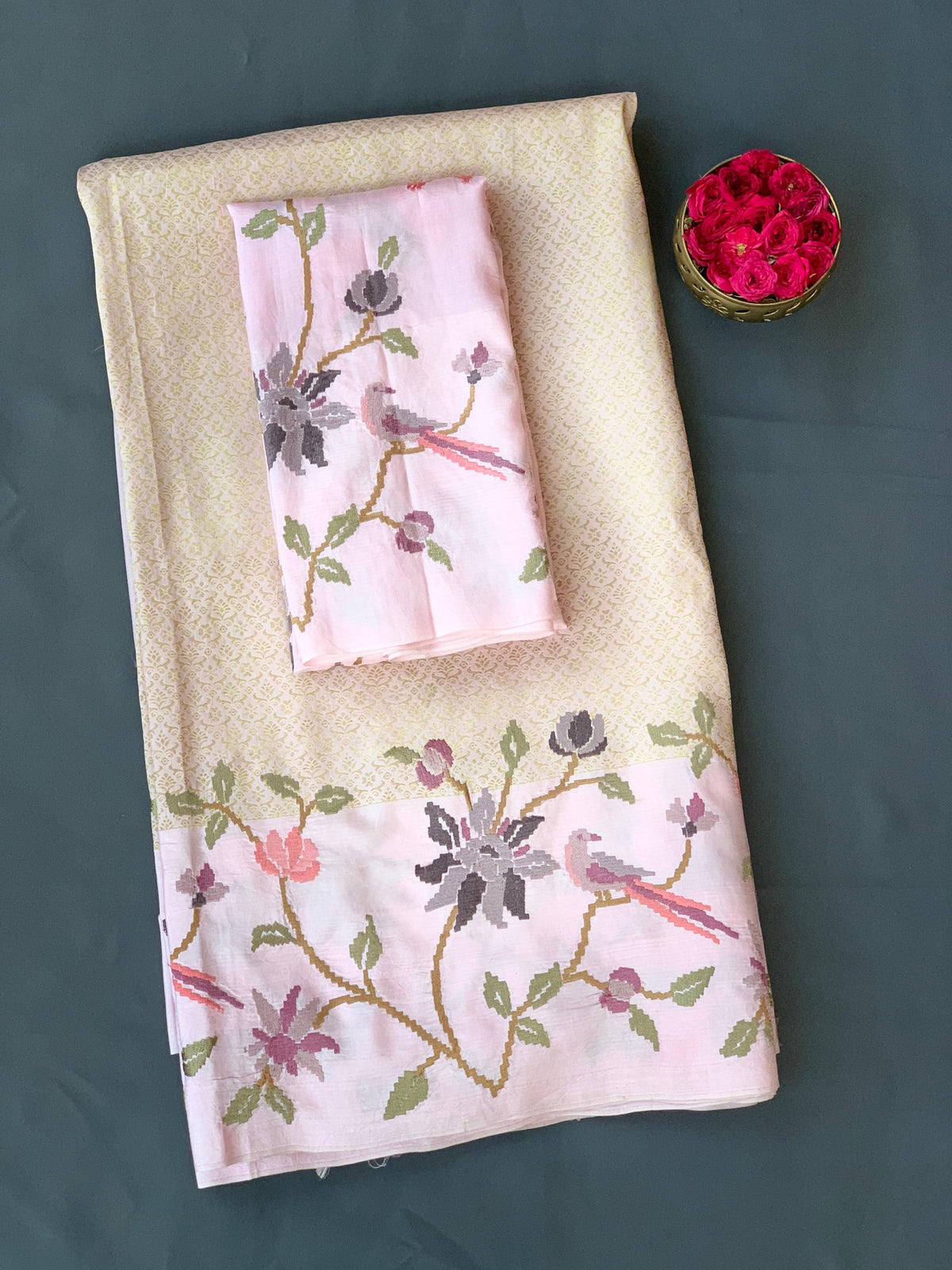 Pastel Pink Brocade Kanjeevaram with embroidery D62F037