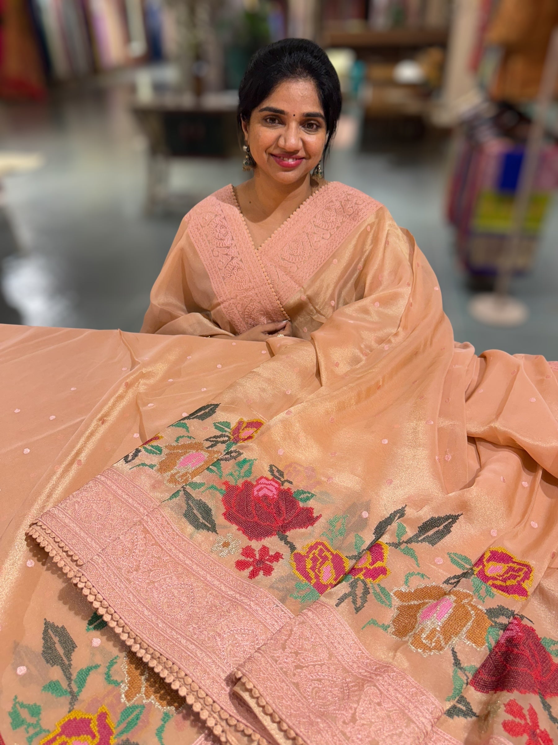 Dhaara : Peach Tissue Gorgette Saree