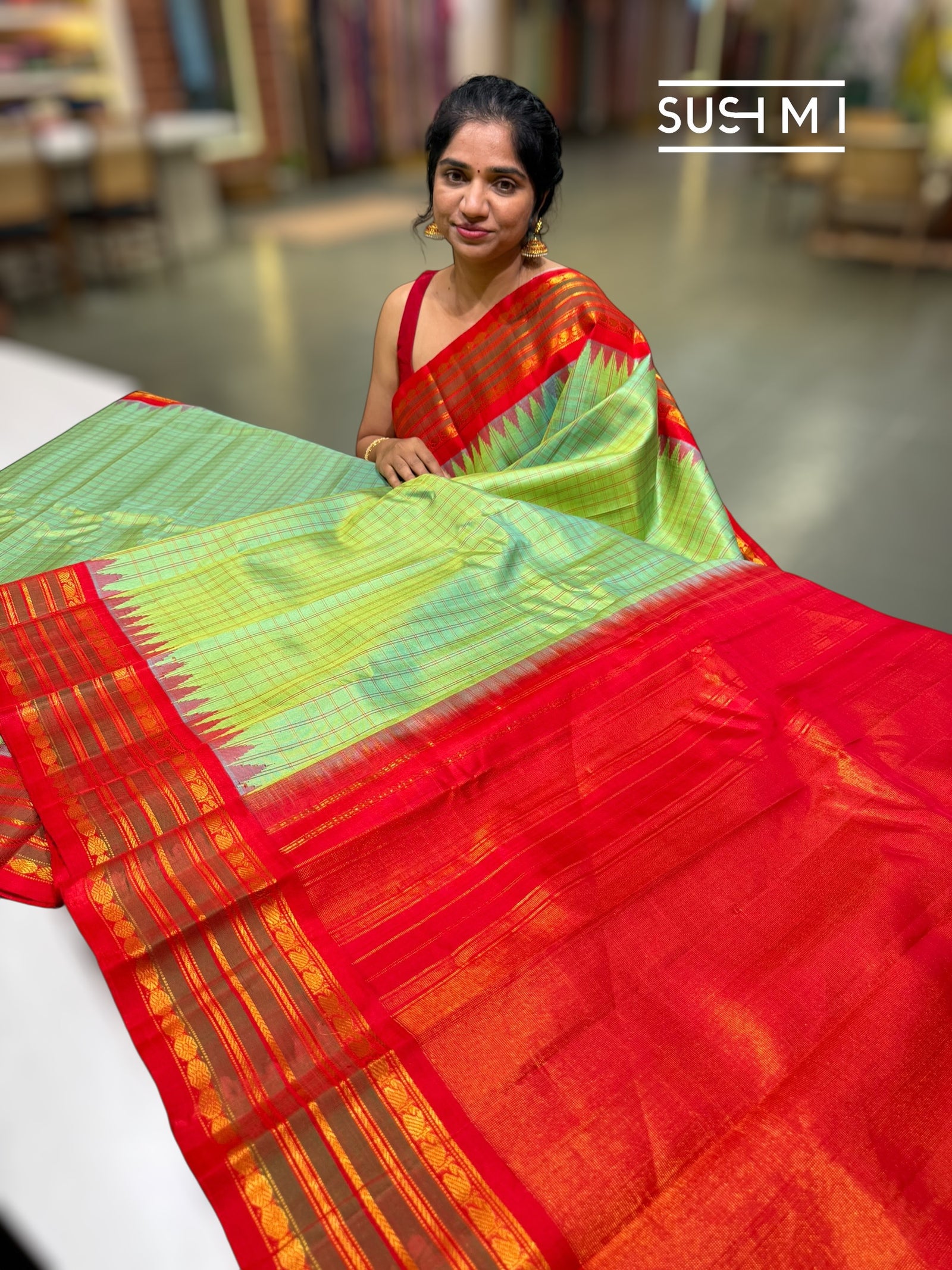 Mint green vintage checks Gadwal Silk Saree : S62F215