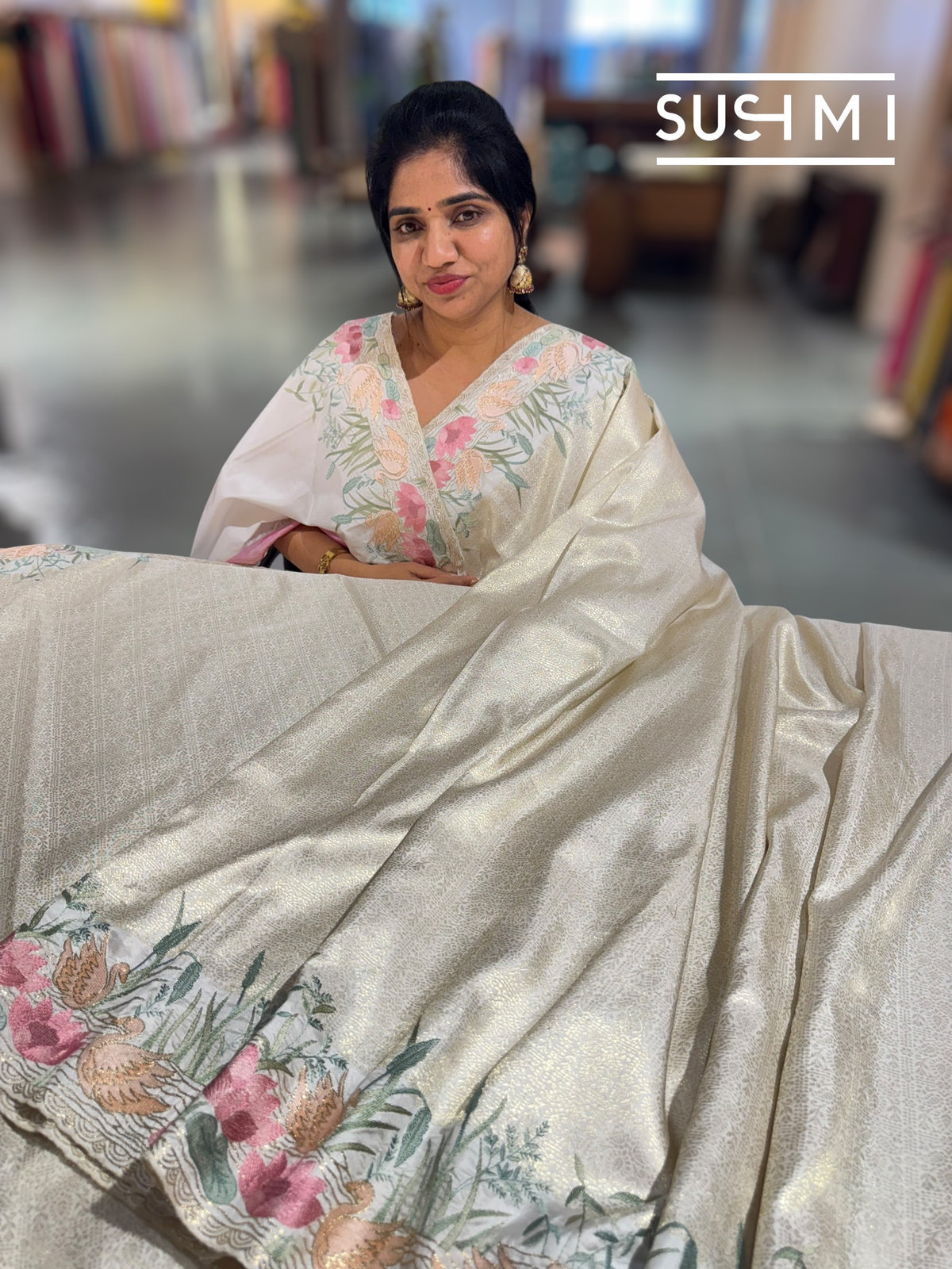 White Brocade Kanjeevaram with  embroidery D62F039