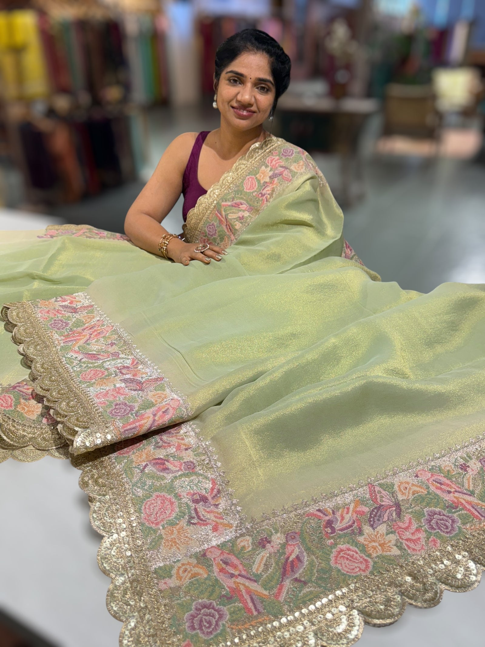 Light Apple Green Tissue Gorgette Saree With Petite Point Embroidered Border