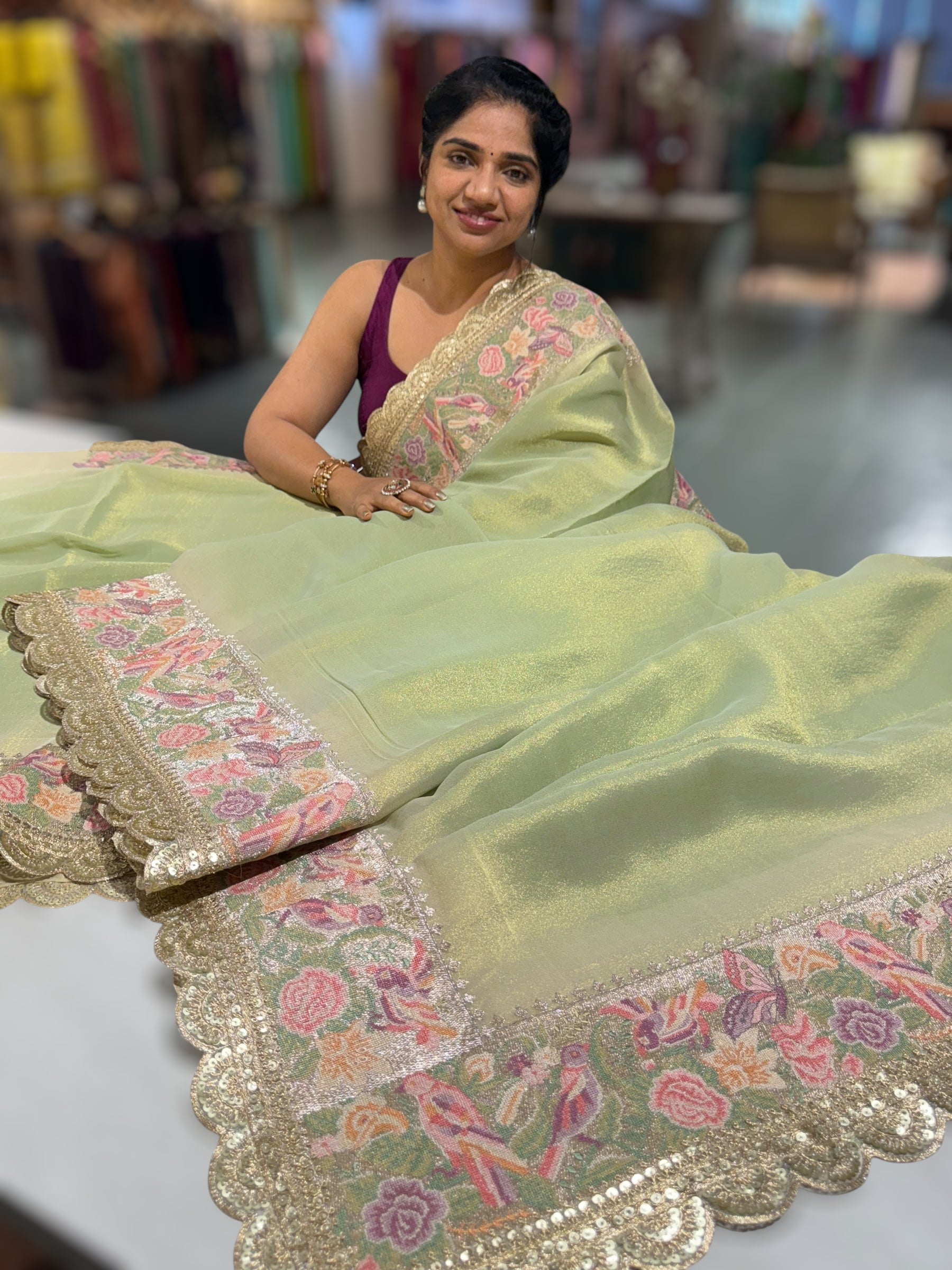 Light Apple Green Tissue Gorgette Saree With Petite Point Embroidered Border