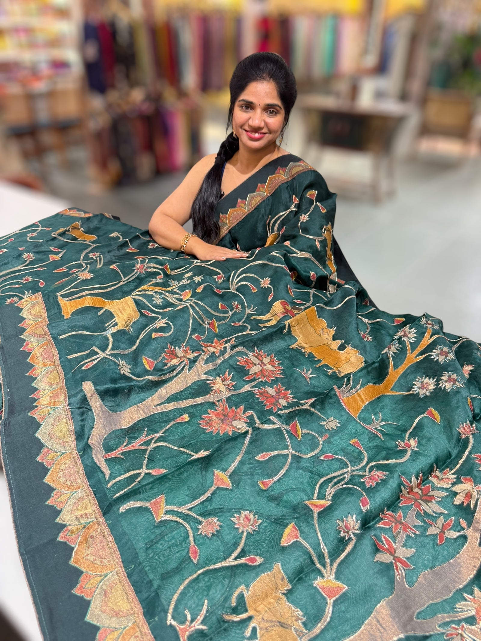 Bottle Green Designer Organza Saree with Stunning Tissue Applique work Saree with village theme