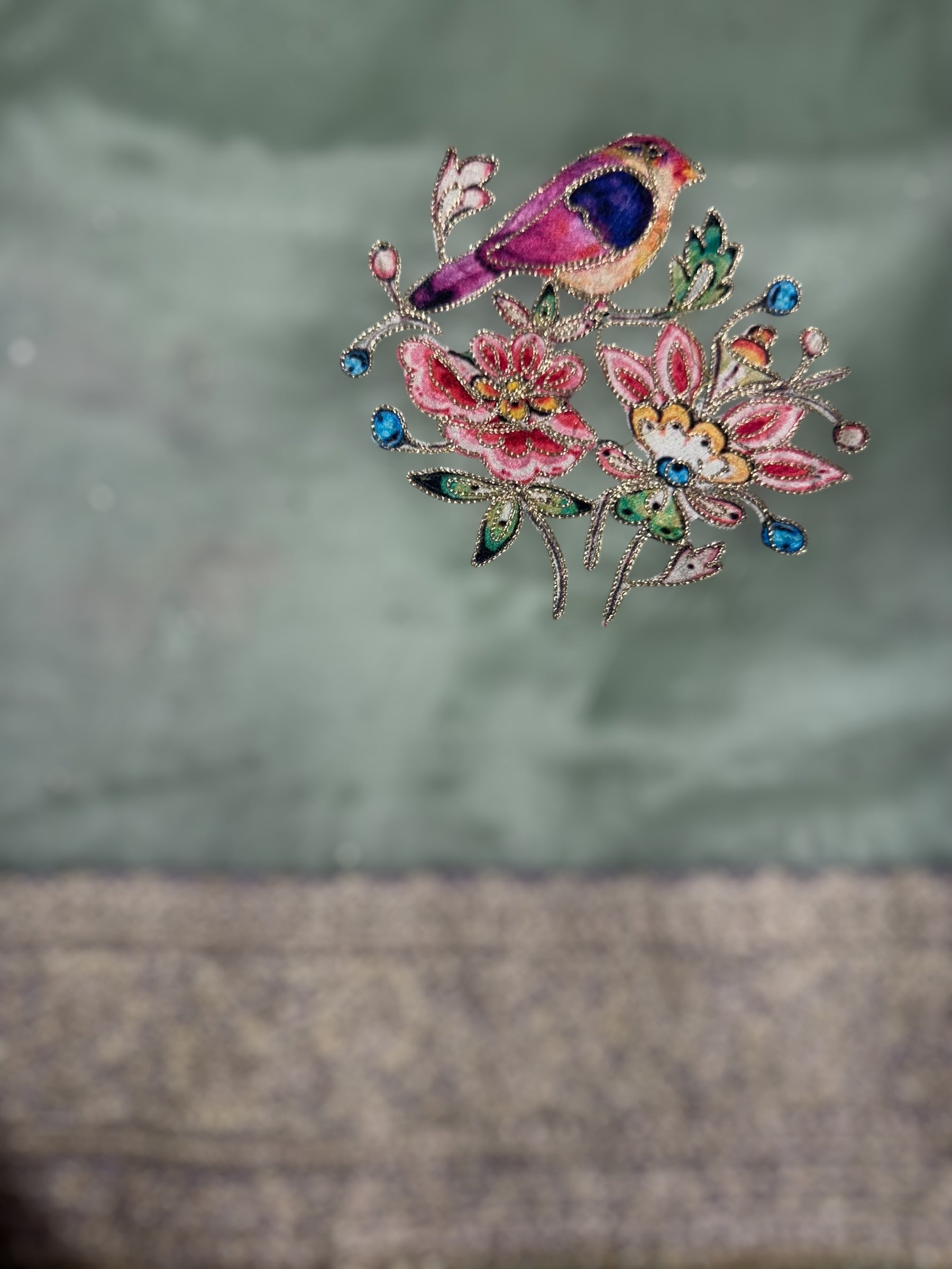 Mint Pure Organza Saree with banarasi pitawork border and bird applique motifs allover the saree