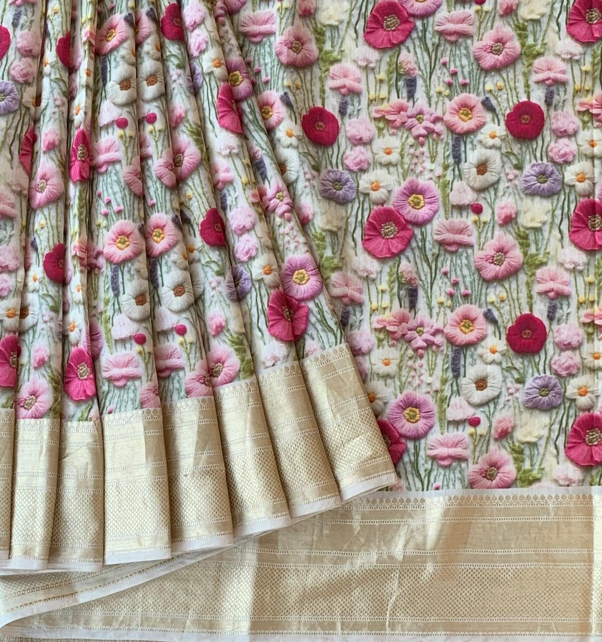 Ivory Pure Handloom Chiniya Silk Saree with stunning Floral Print and zari borders