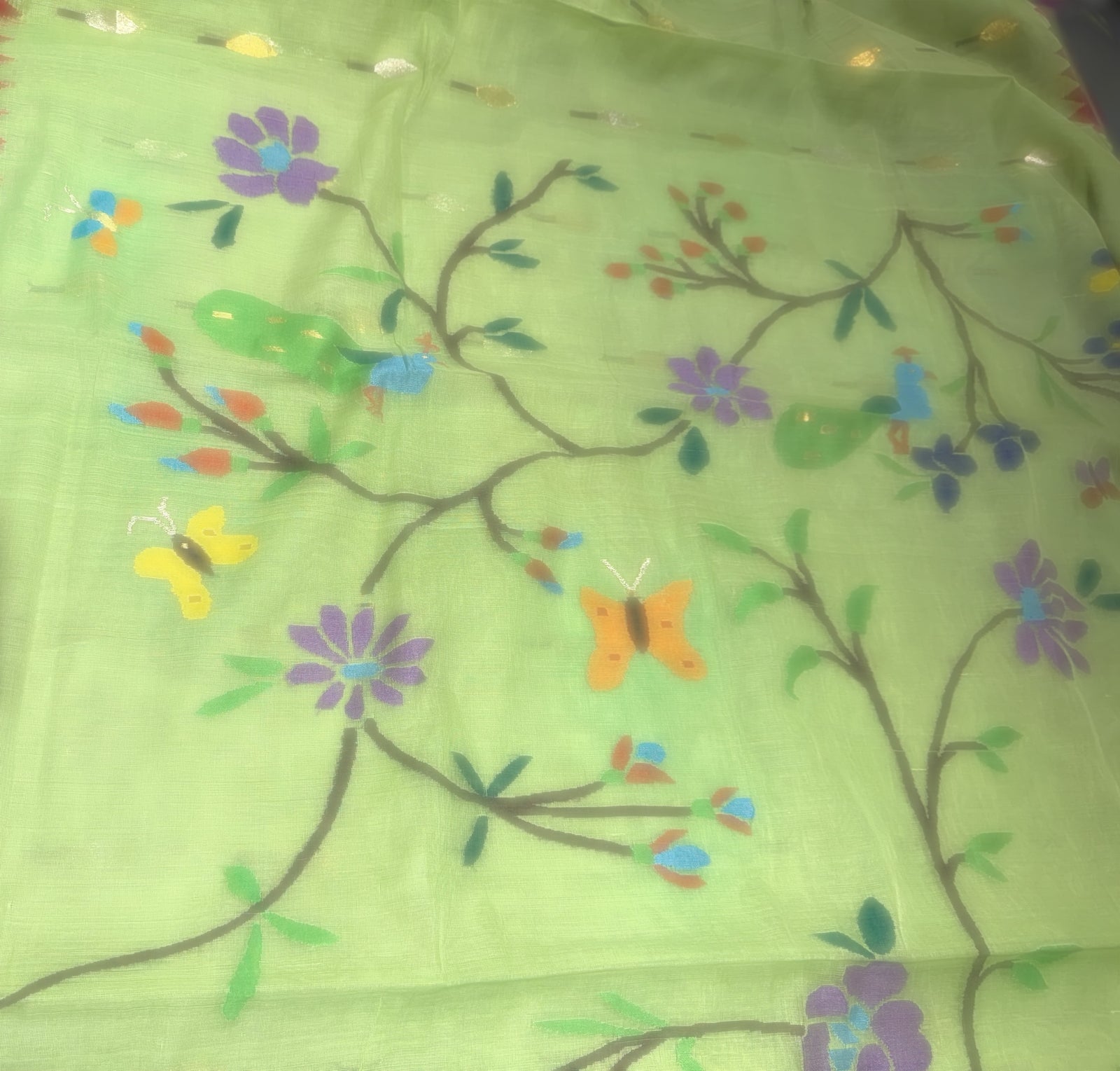 Pista Green pure handloom Ponduru Khadi jamdani Saree