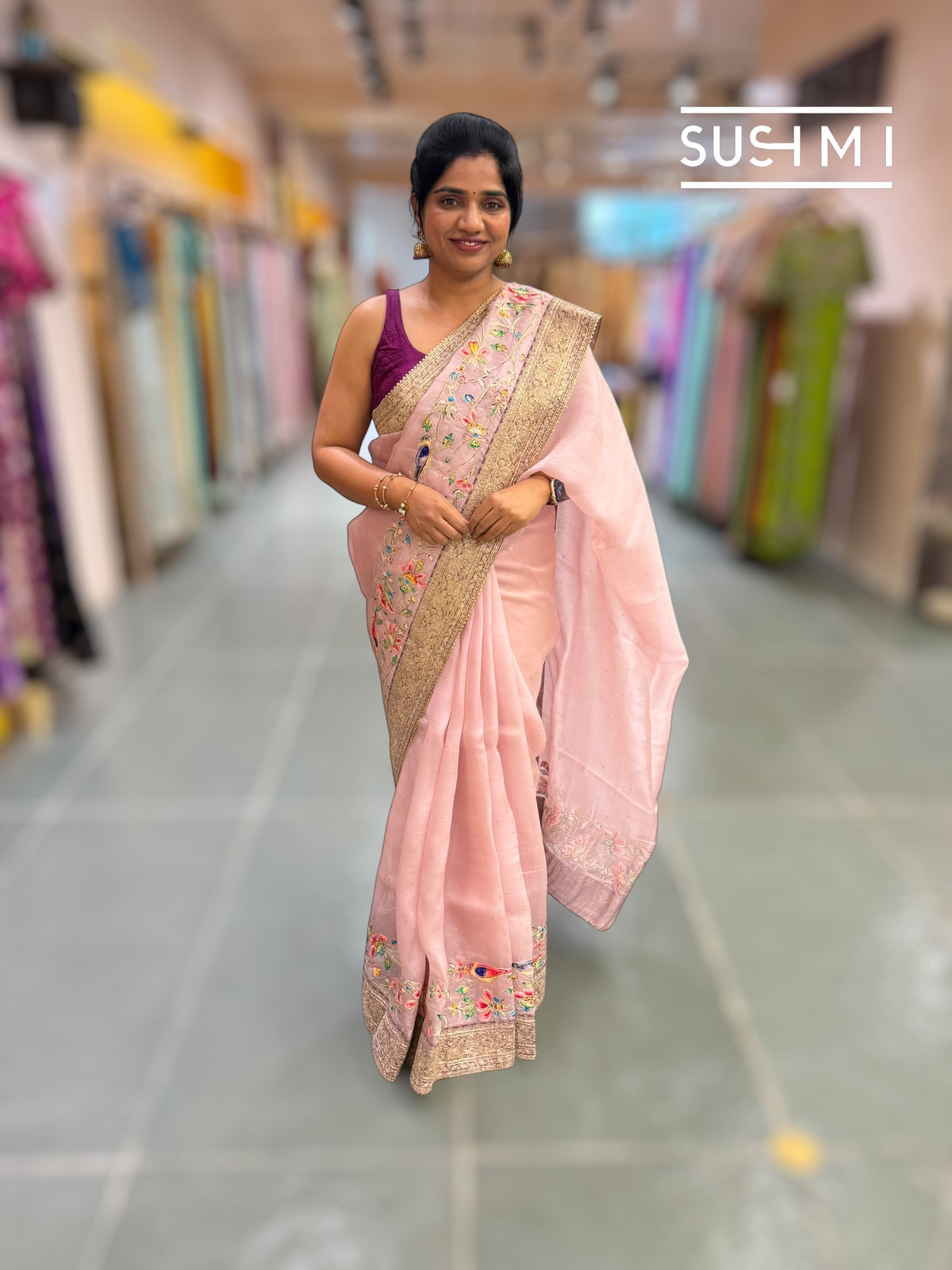 Dusty Pink Organza Banarasi Fusion Saree with Bird Appliqué : SM019