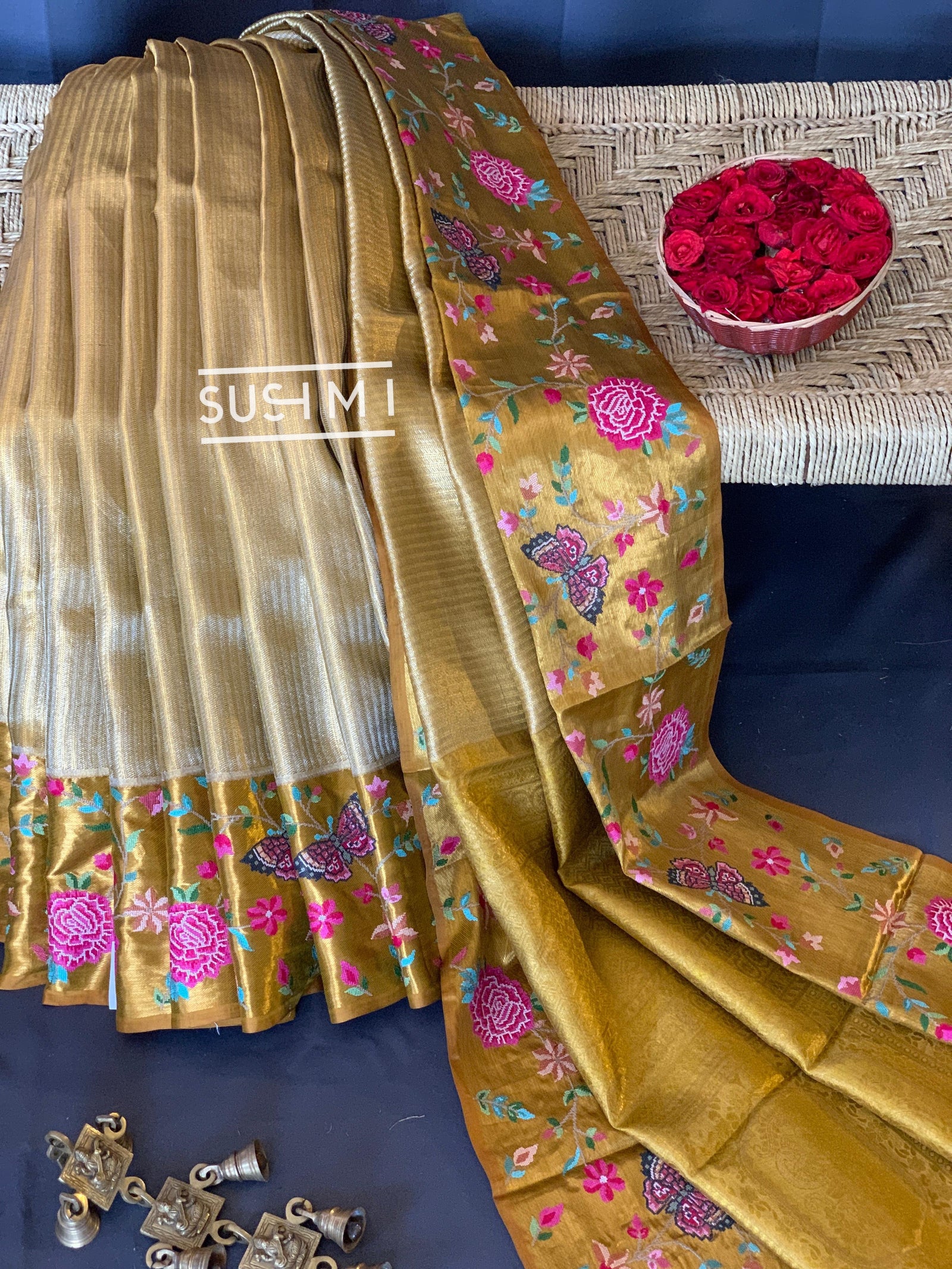 Gold Kanjeevaram Tissue Sareewith petite point embroidery : S62F086
