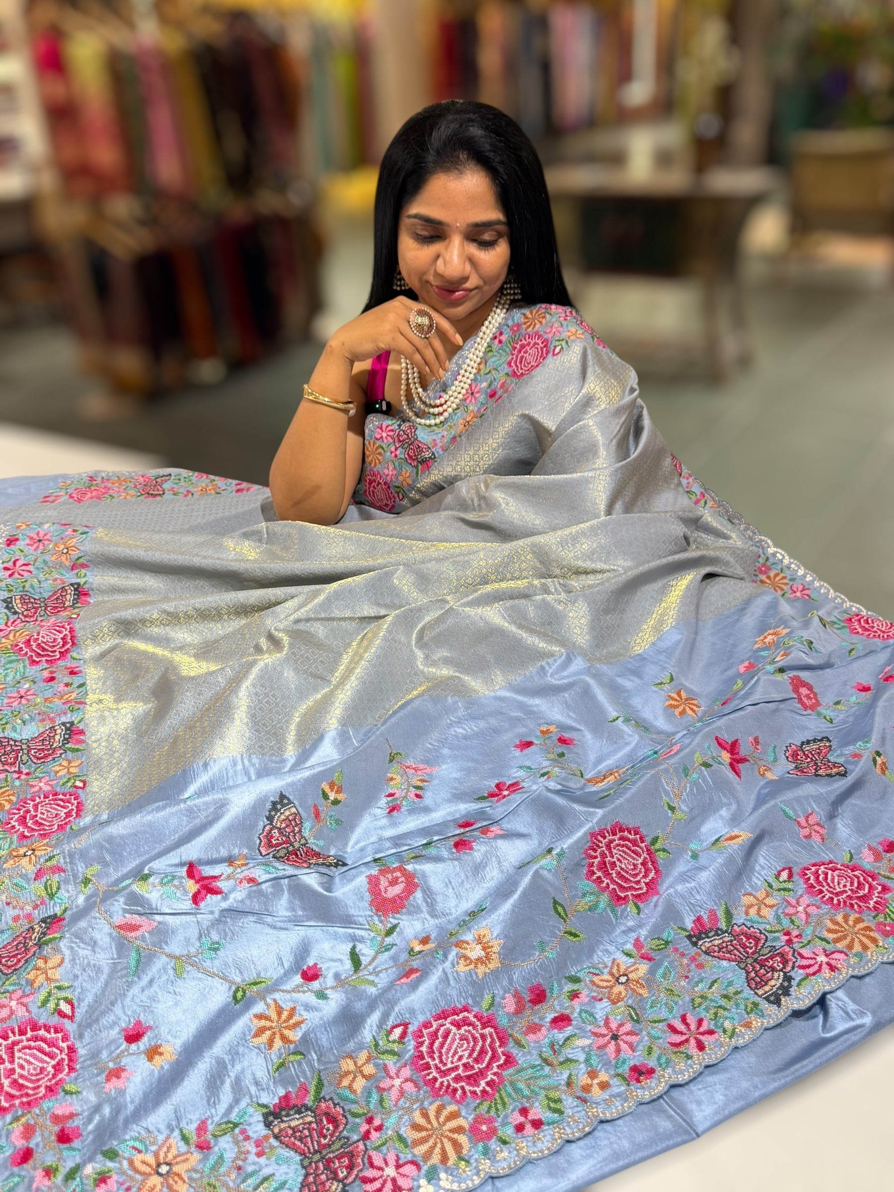 Dusty Blue Kanjeevaram Brocade Saree with Petite Point Embroidered Border