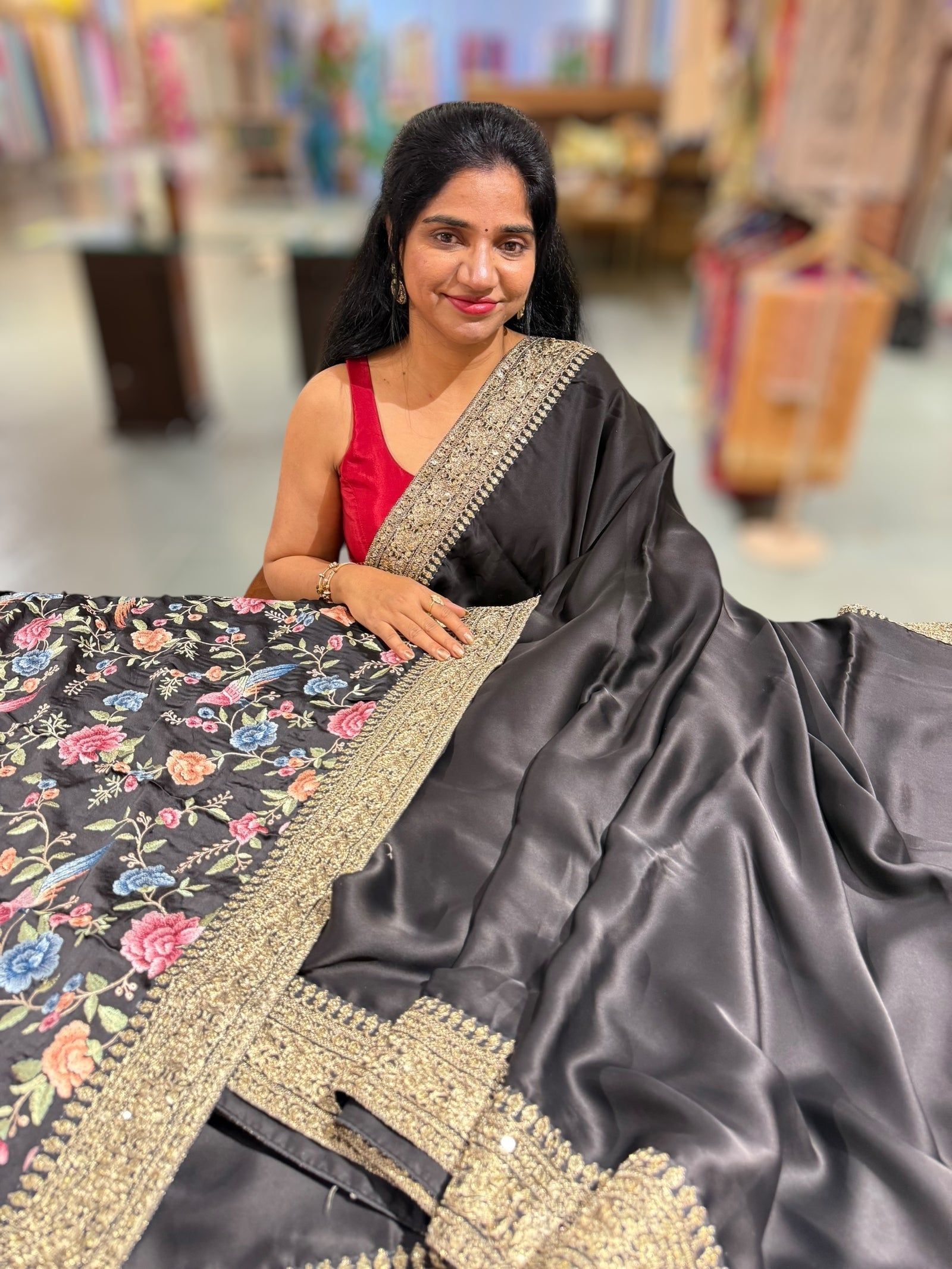 Black Pure Satin Saree with Sabhyasachi Borders