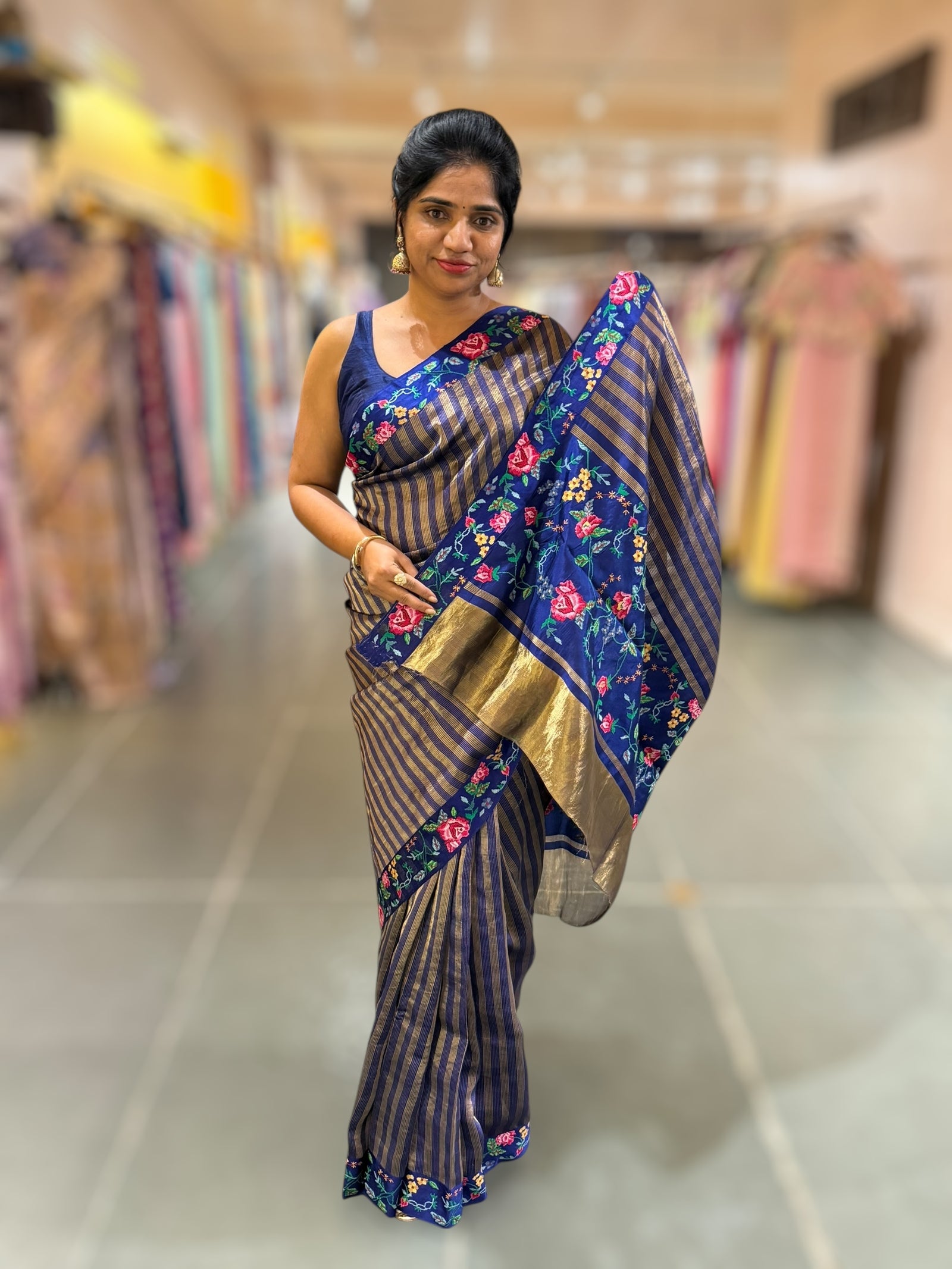 Blue Banarasi Tissue stripes Saree with petite point embroidery