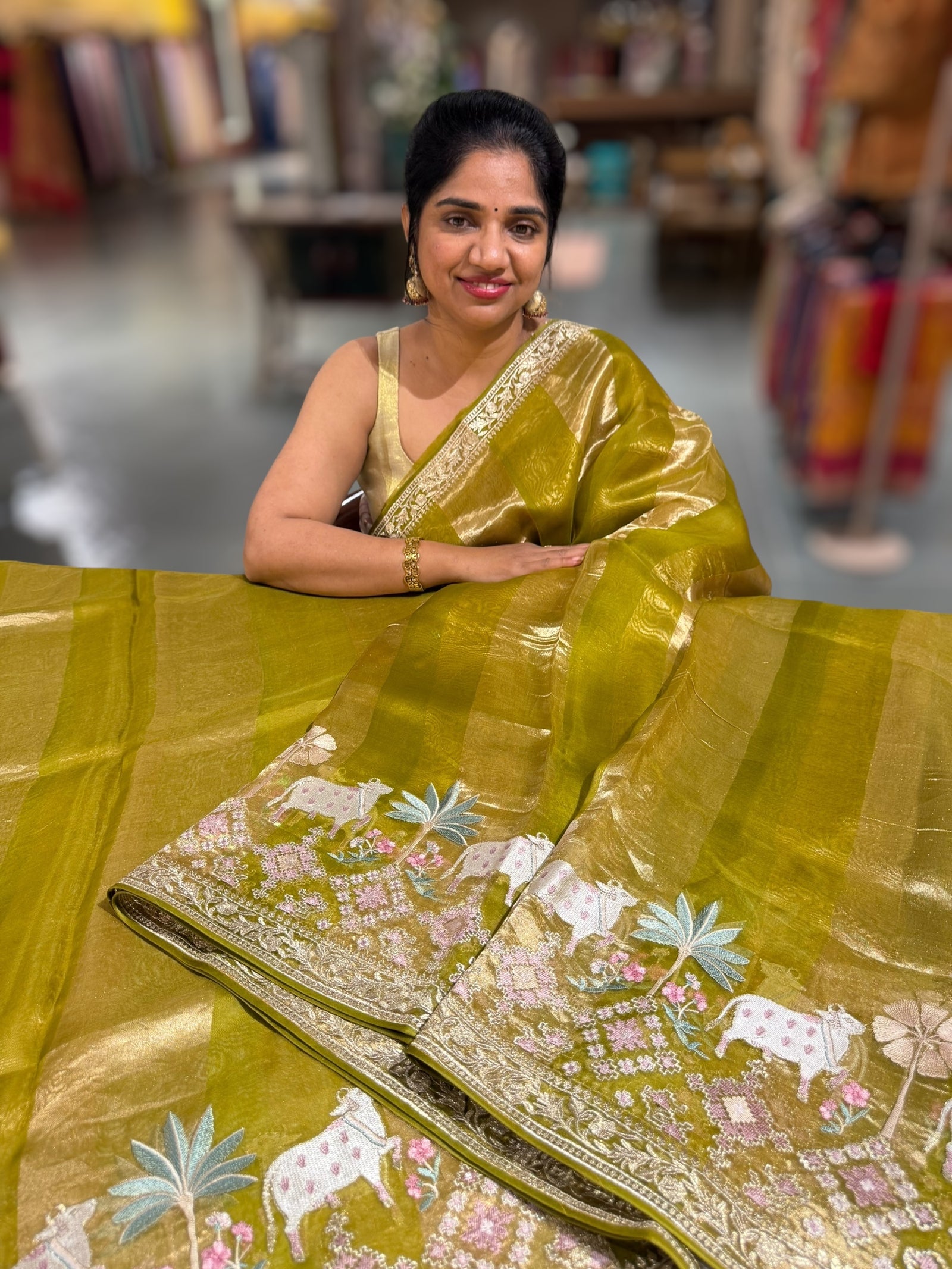 Moong Dal Green Kora Tissue Stripes Saree With Jamdani  & Pichwai embroidered Border