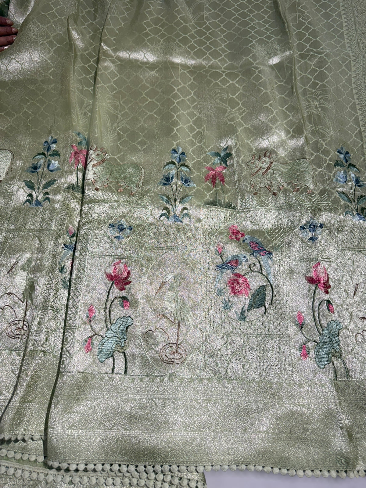 Seagreen Fancy Banarasi Tonchoi style saree with embroidery