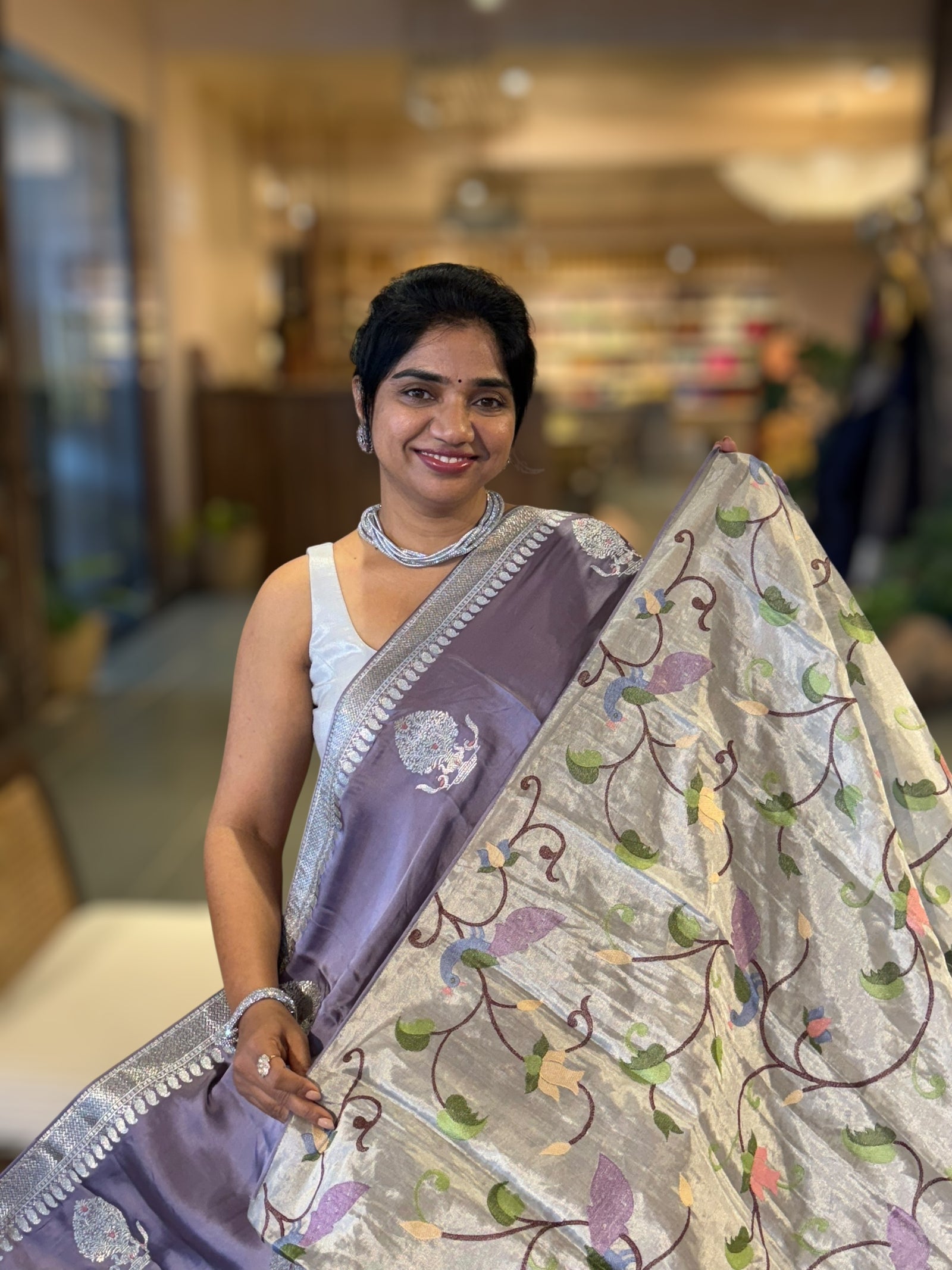 Lilac Satin Saree with Embroidery.