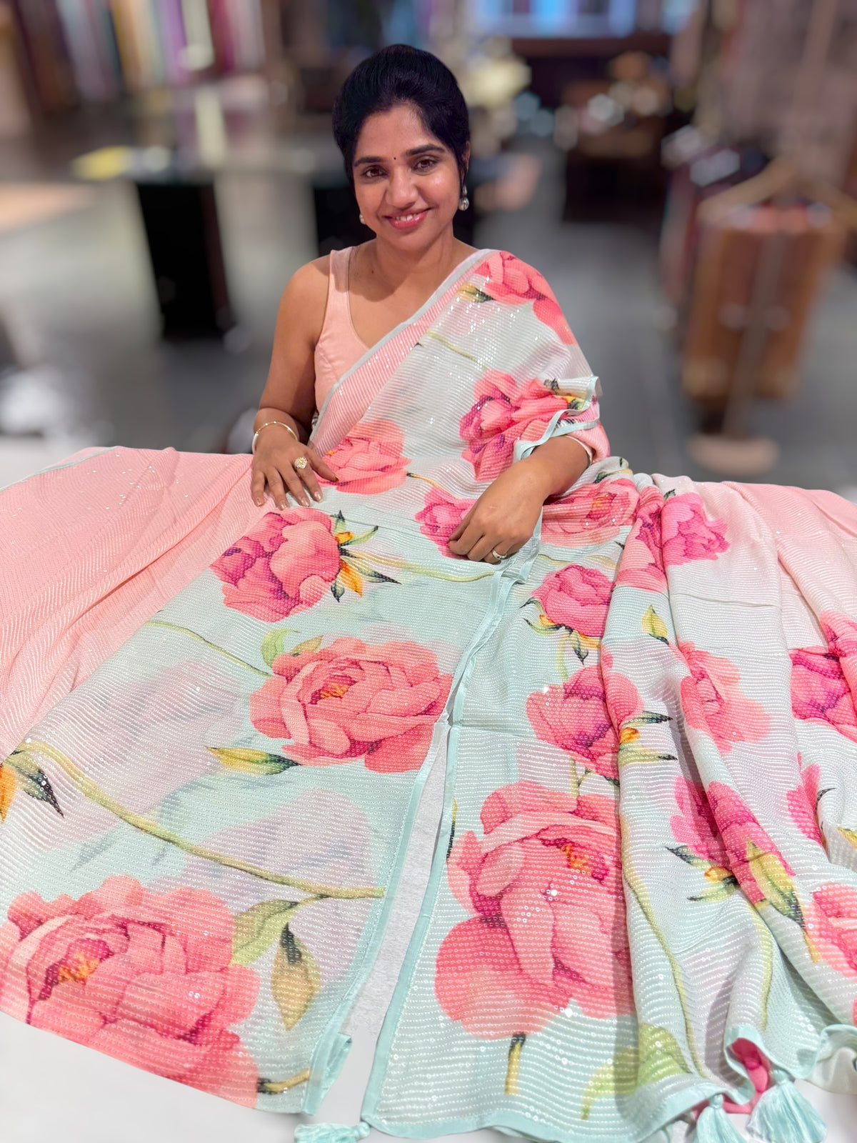 Pink & Blue shaded Georgette sequence Sarees with statement Floral print