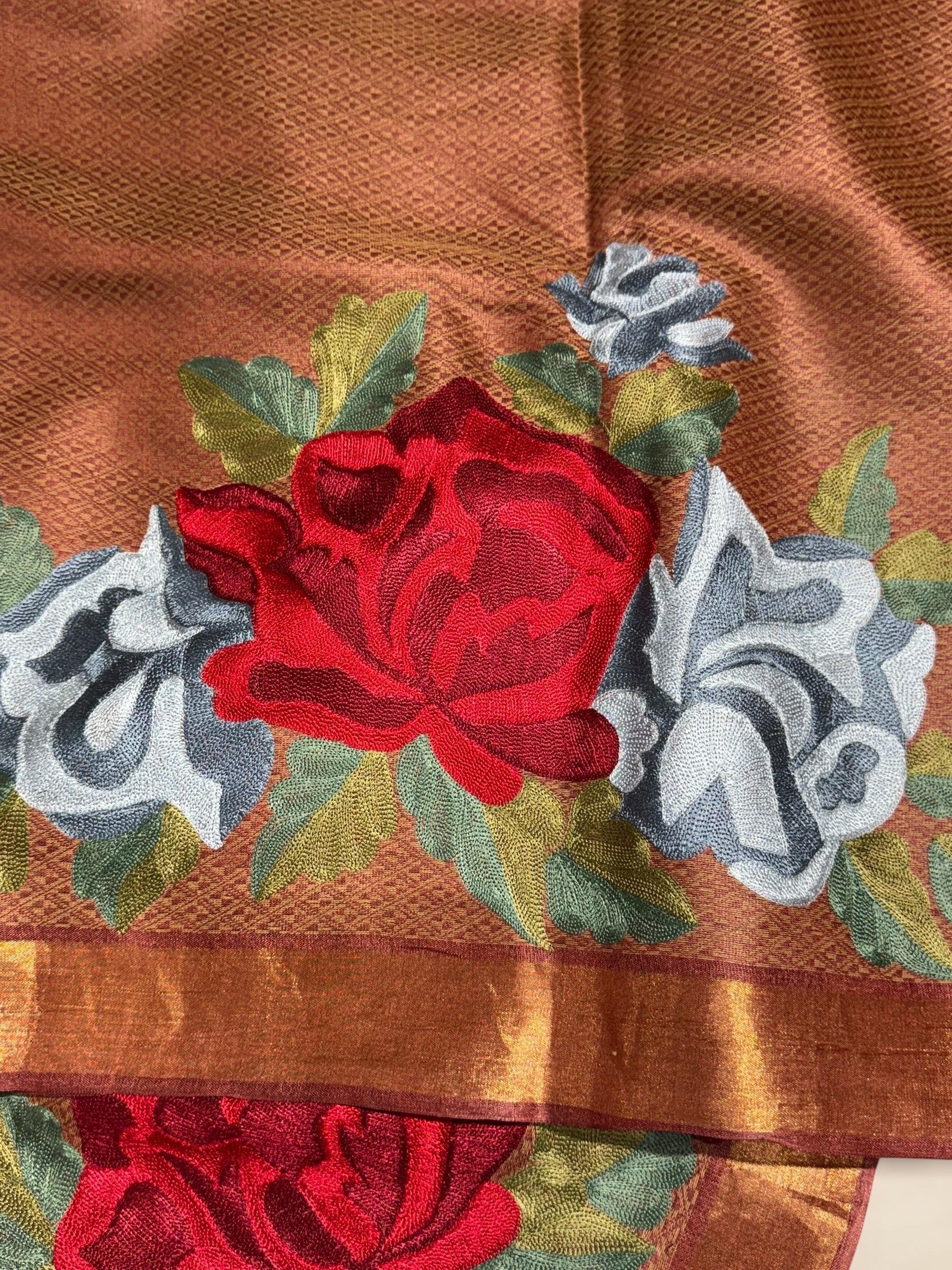 Rust Tussar Brocade Saree With Statement Red Rose Embroidery.