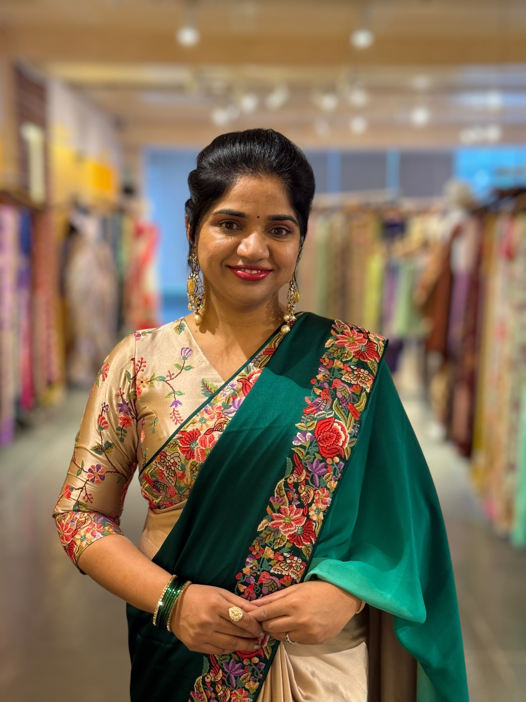 Pure Satin Ombre Dyed Saree with Petite Point Embroidered Border and blouse.
