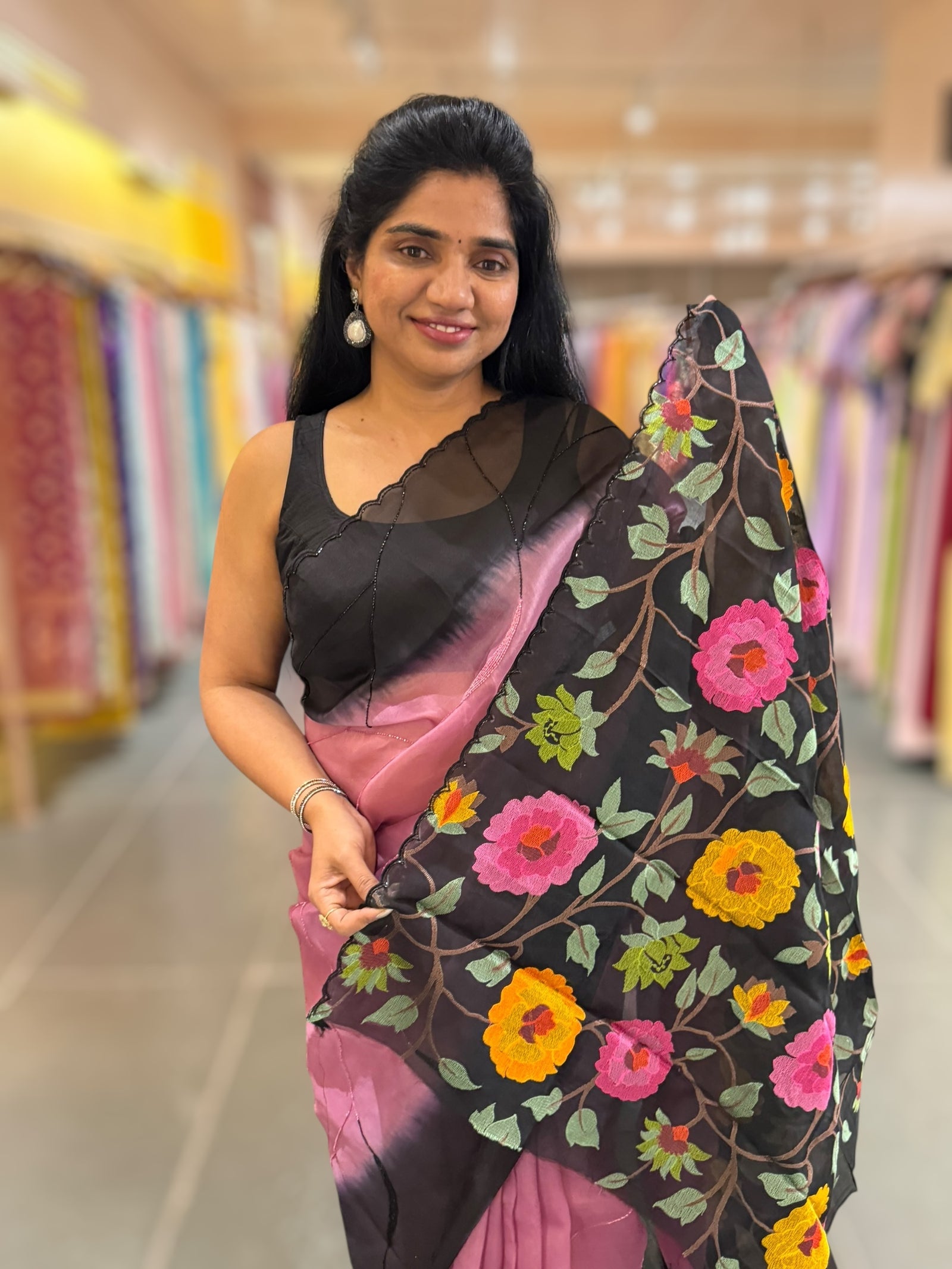 Rose Pink & Black Ombre Dyed Pure Organza handwork saree