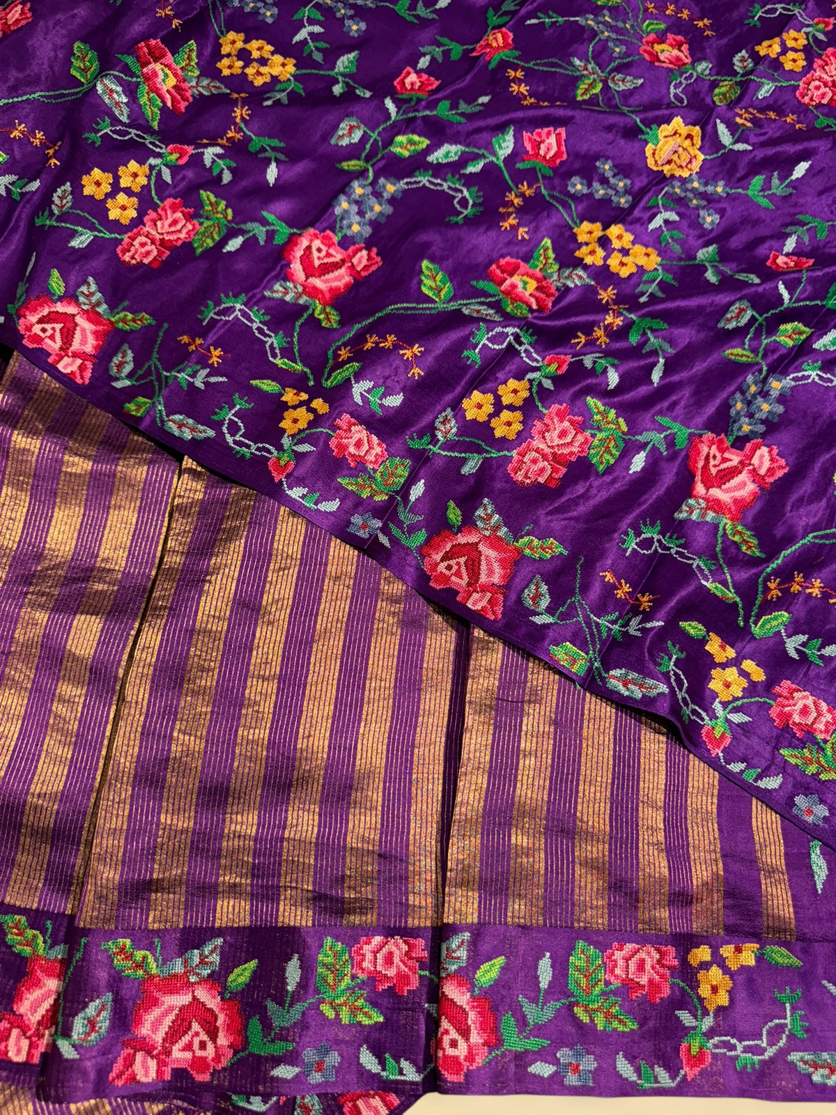 Brinjal Banarasi Tissue stripes Saree with petite point embroidery