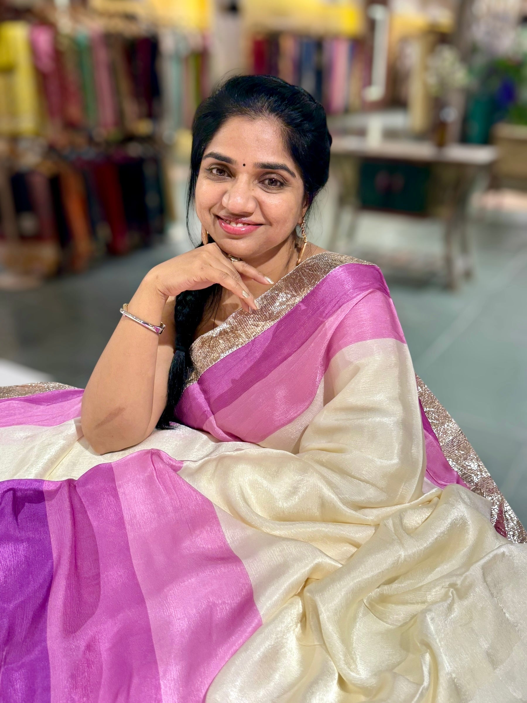 Ivory & Purple Combo Chinnon Crepe Saree with Gotapatti Borders