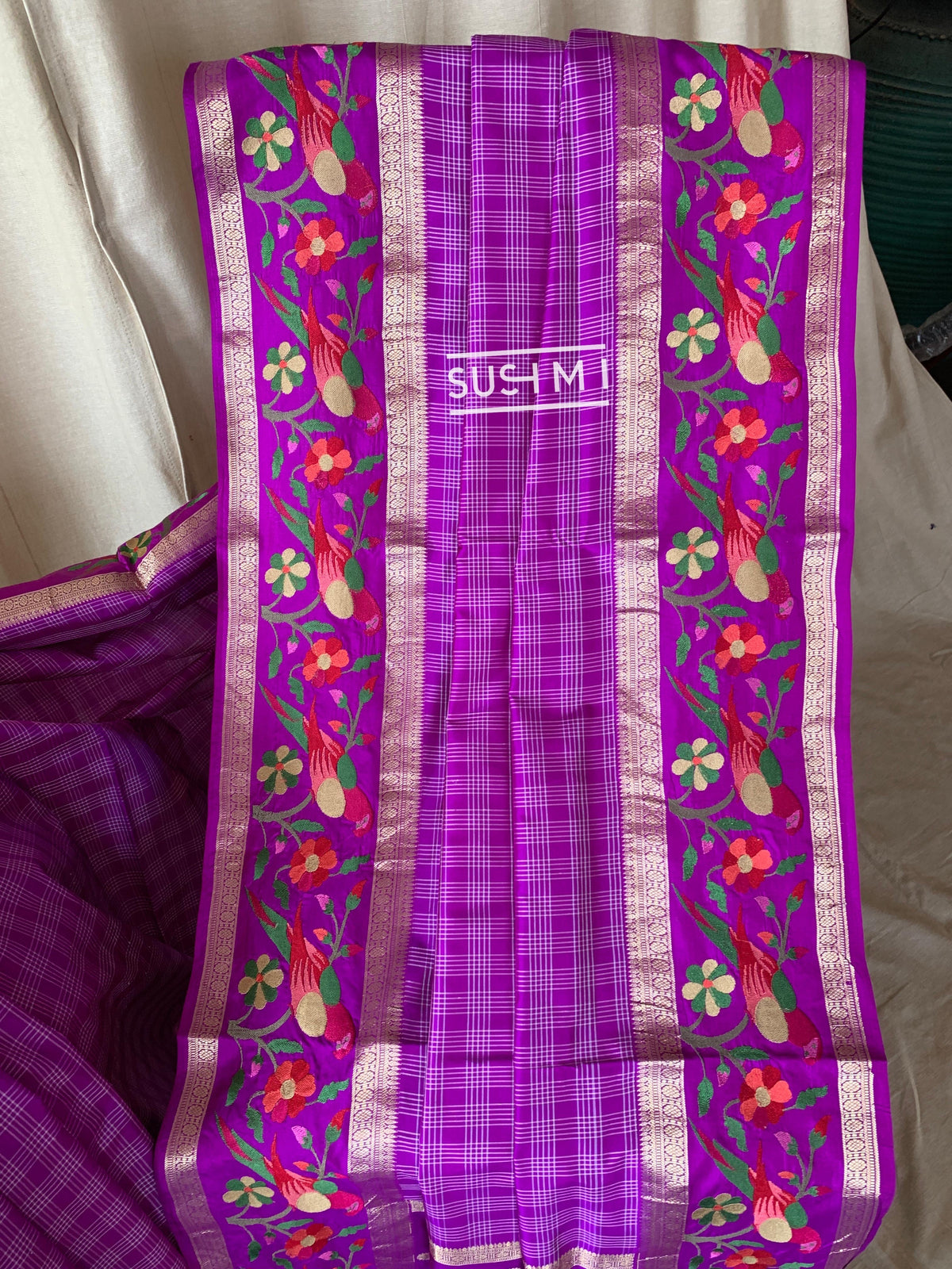 Majenta Vintage checks Kanjeevaram soft silk saree with embroidery D62F041