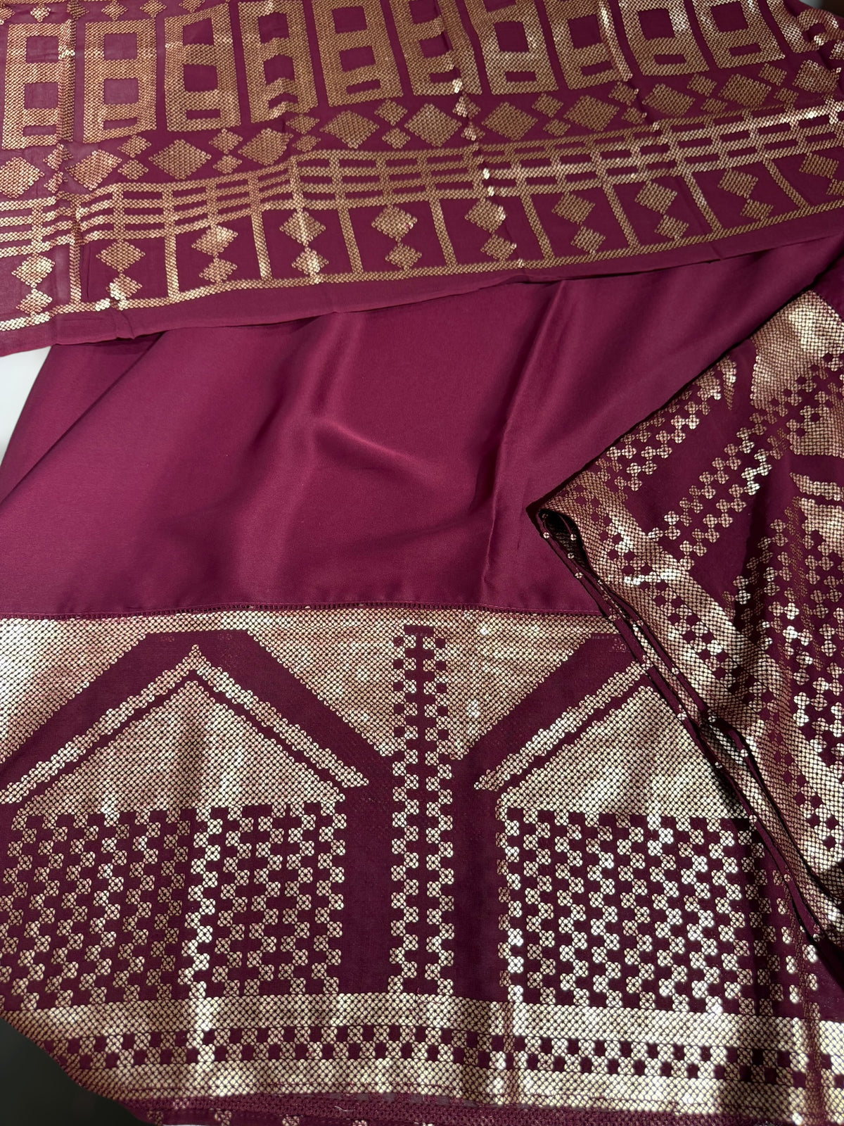 Wine pure Satin Saree with designer sequence border and blouse