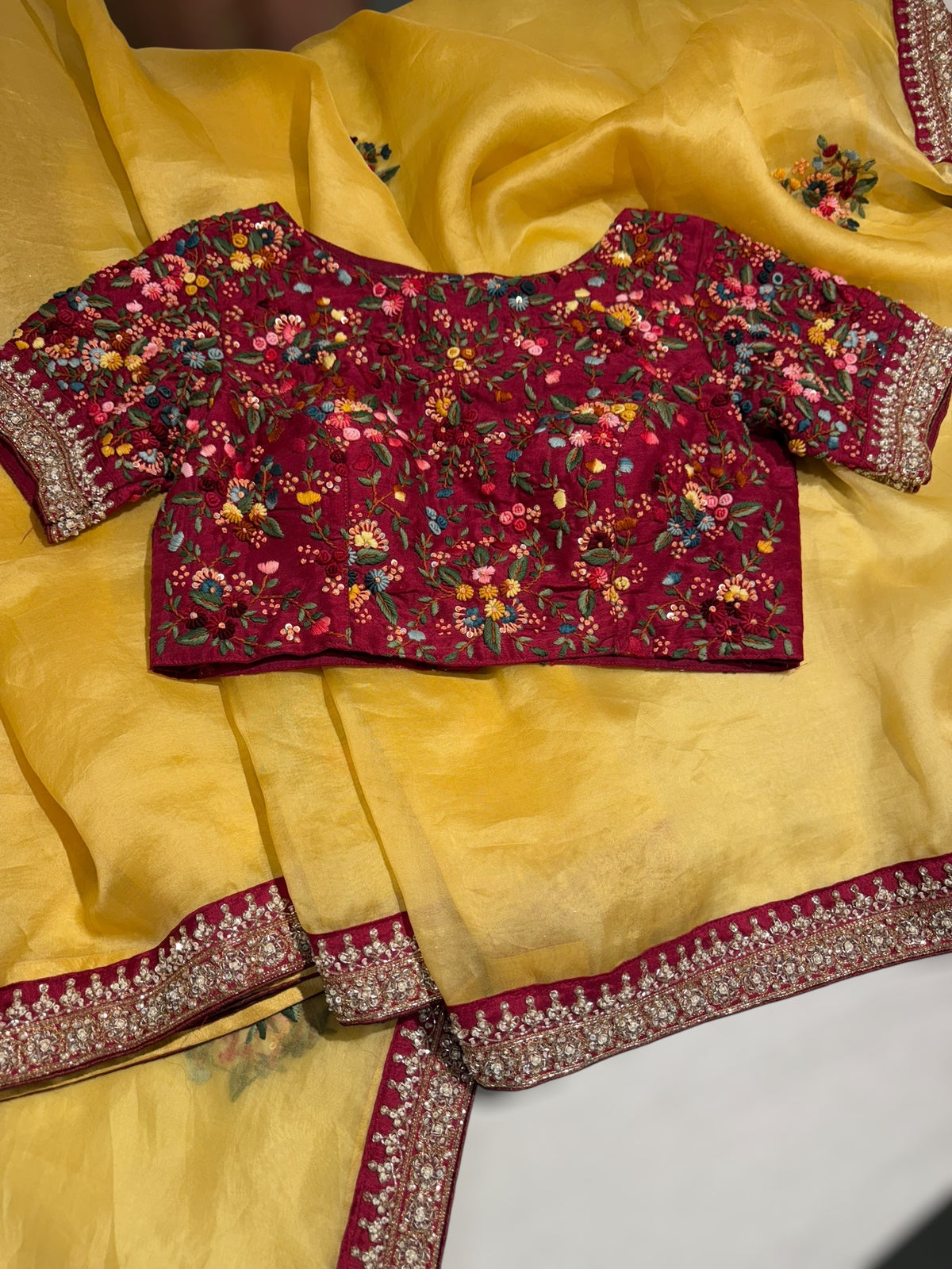 Yellow Organza heavy handwork saree with ready to wear blouse
